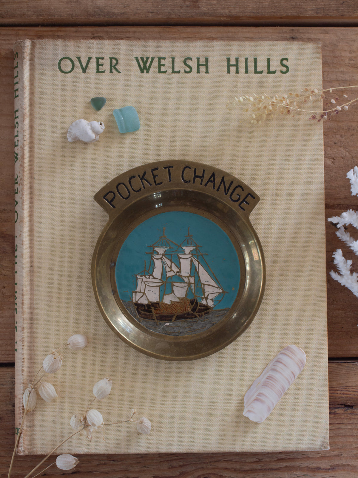 Vintage Solid Brass ‘Pocket Change’ Dish with Hand-Painted Enamel Ship