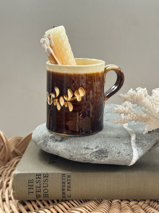 Antique Slipware Cup with Hand-Trailed Floral Decoration - Traditional British Earthenware, Rich Treacle Glaze, Early 20th Century