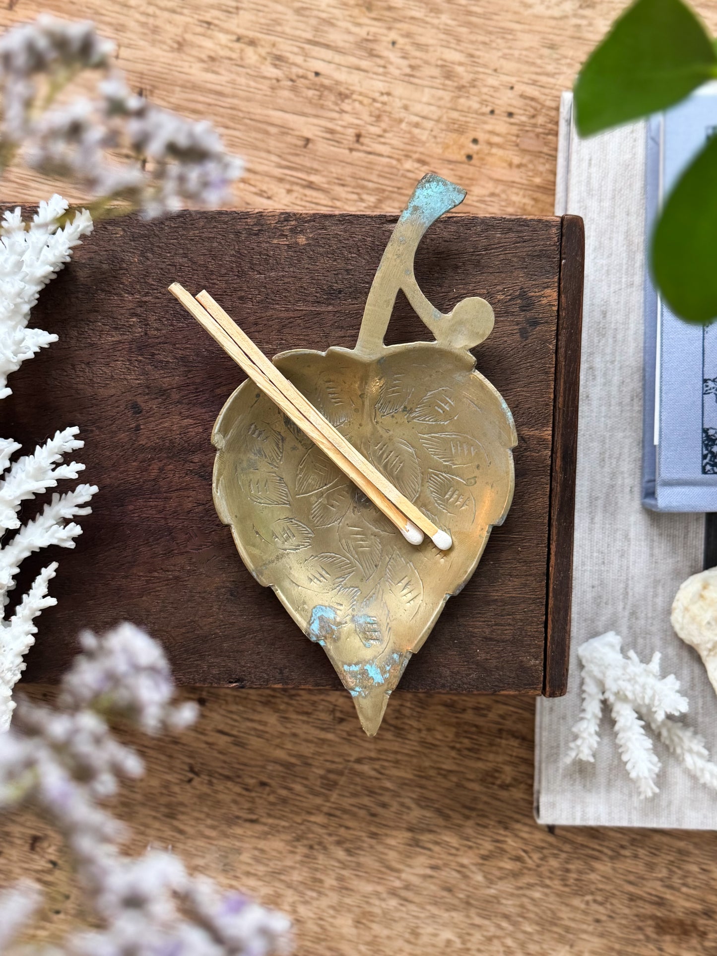 Vintage Solid Brass Leaf Trinket Dish with Natural Verdigris
