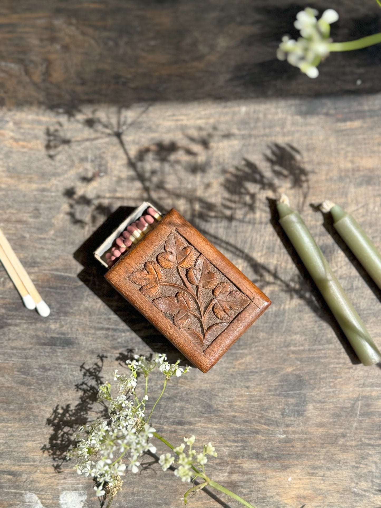 Vintage Hand-Carved Wooden Match Box Cover (With Matches)