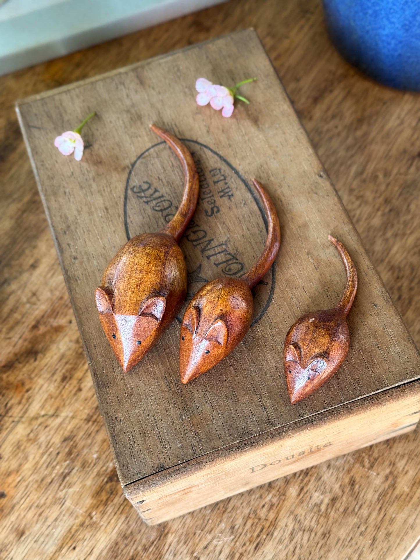 Vintage Handcarved Wooden Mice • Set of 3