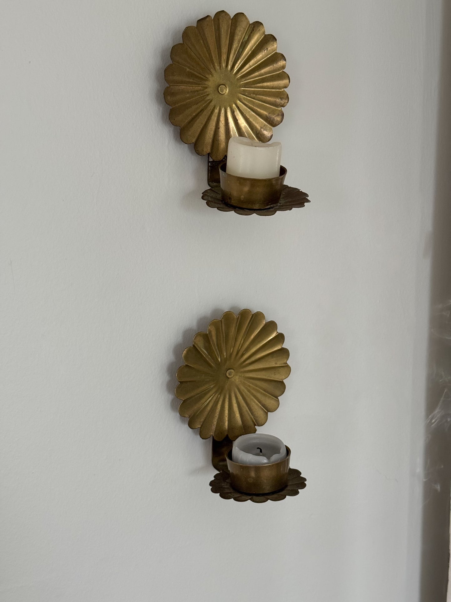 Pair of Vintage Brass Scalloped Flower Candle Sconces