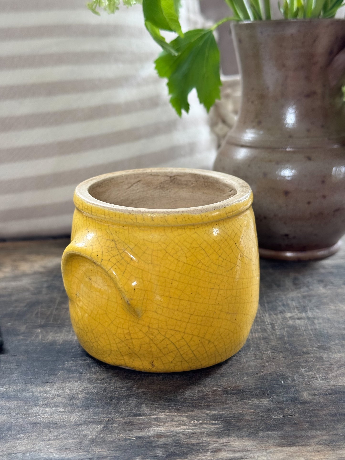 Rare Vintage French Yellow Glazed Stoneware Mustard Pot