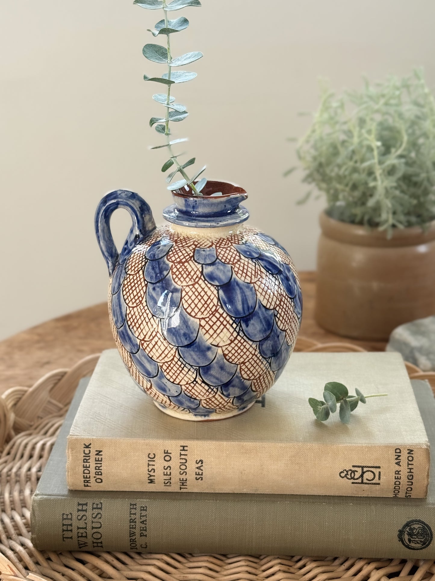 Vintage Glazed Blue Slipware Sculptural Jug