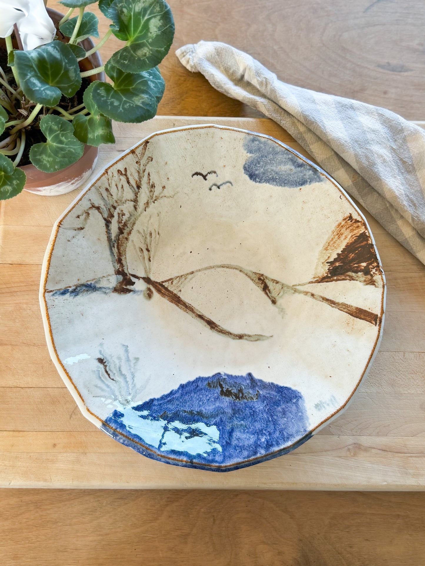 Large Unique Vintage Studio Pottery Bowl • Abstract Landscape Design