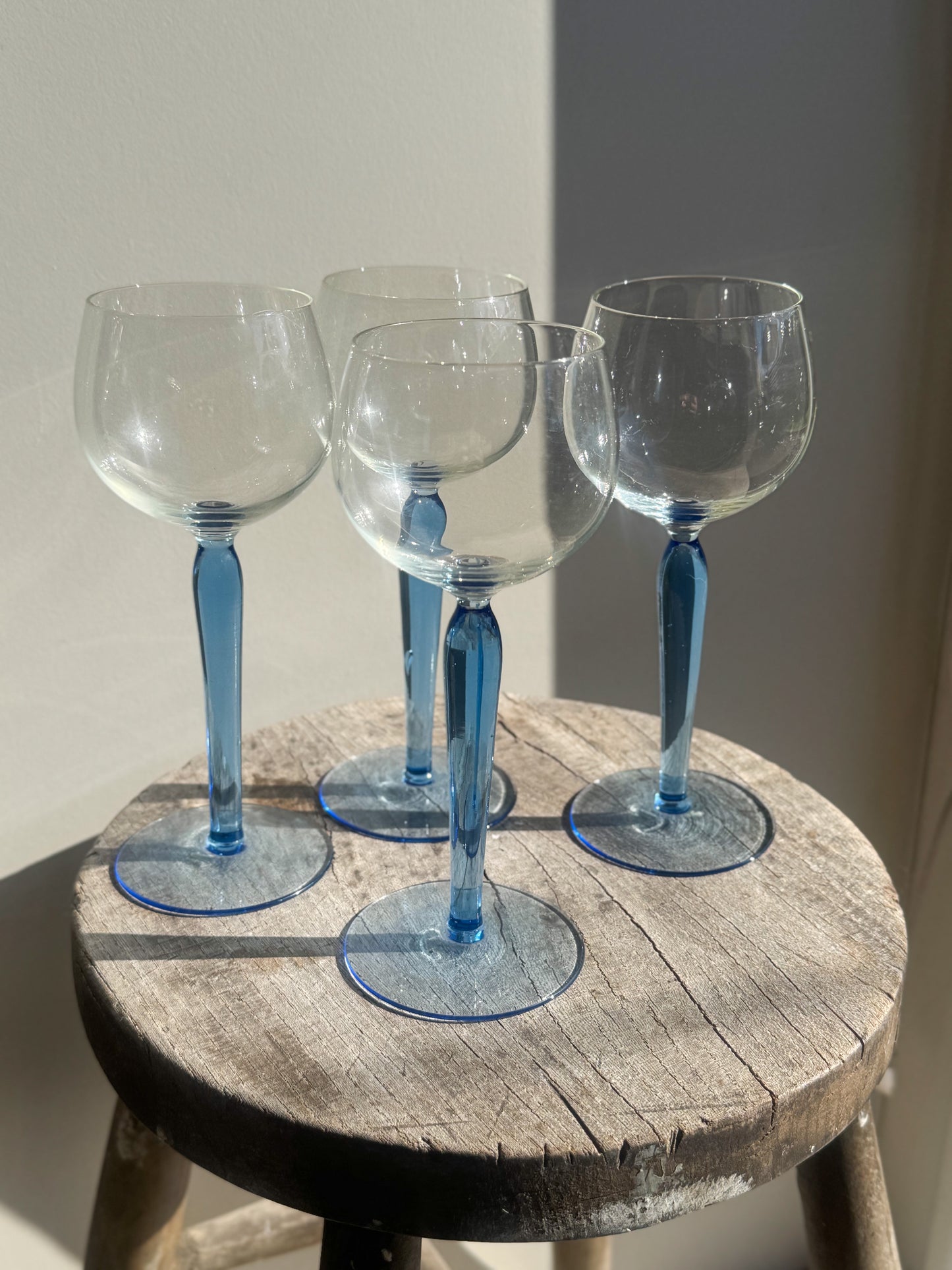 Vintage Handblown Light Blue Stem Glasses • Set of 4