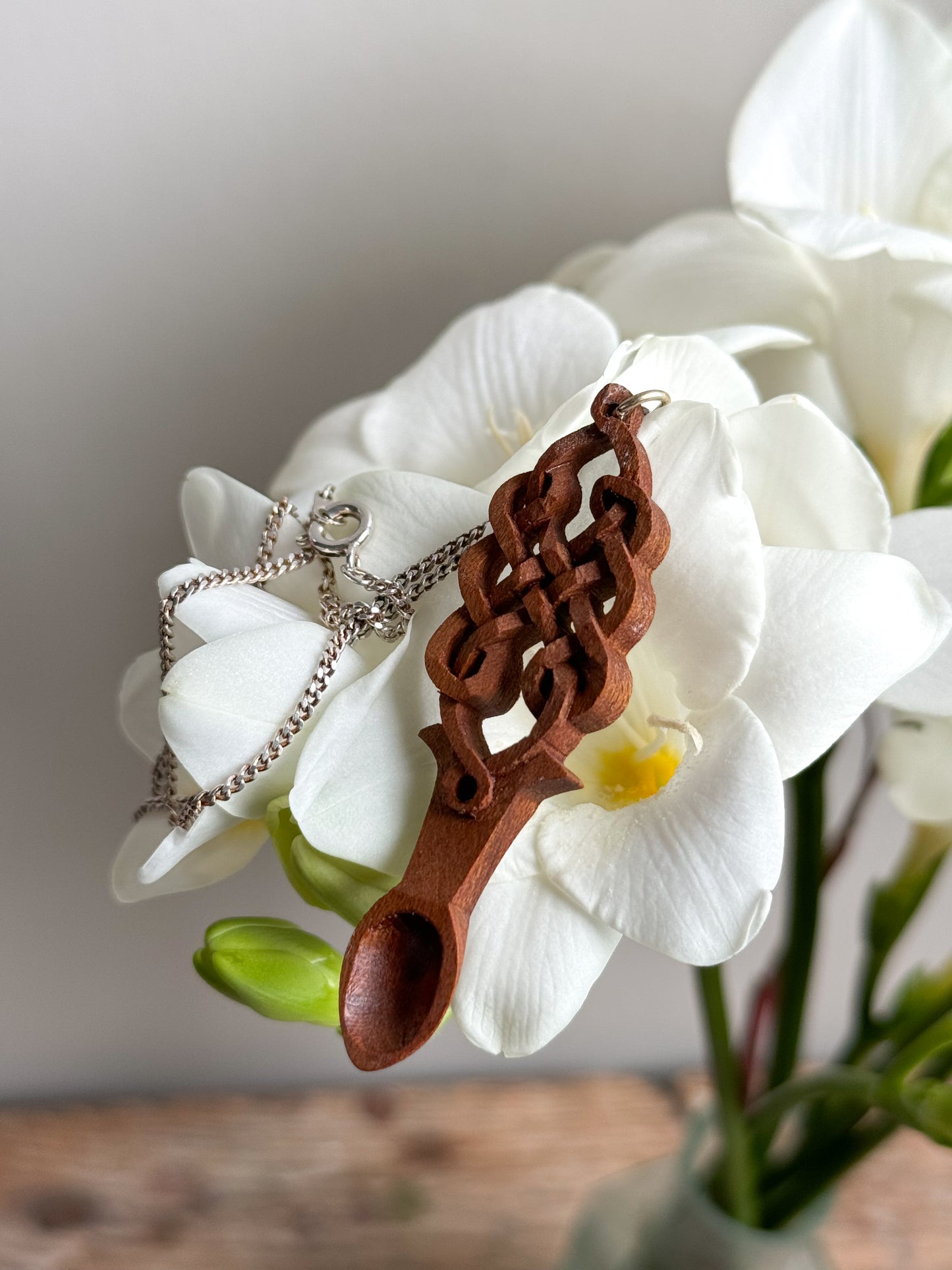 Vintage Carved Wooden Welsh Love Spoon Necklace