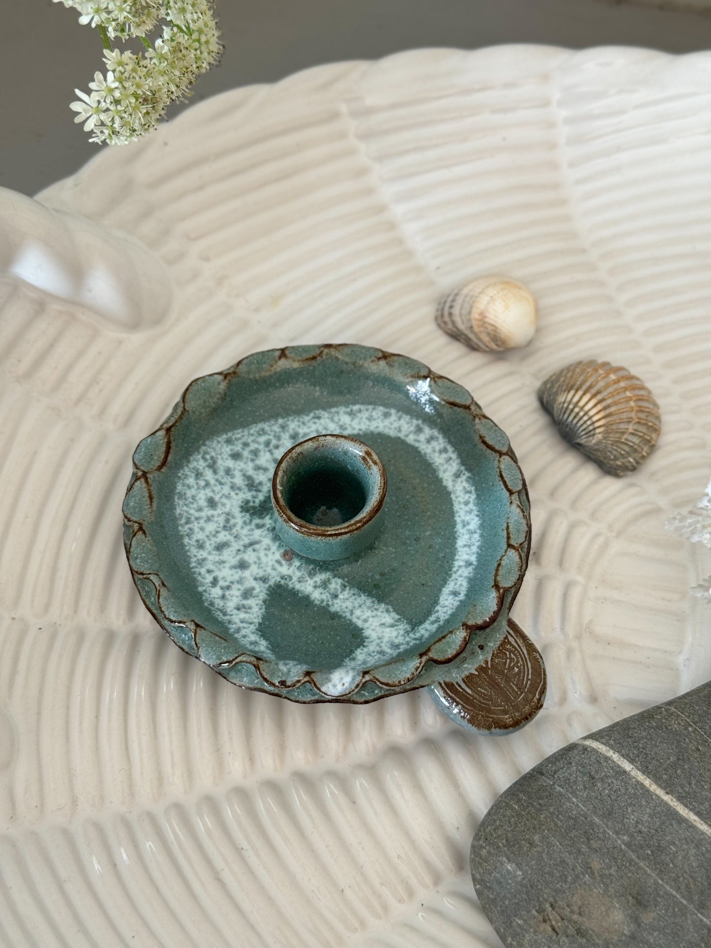 Vintage Orkney Pottery Chamberstick, Scalloped Edge & Sea Blue Glaze