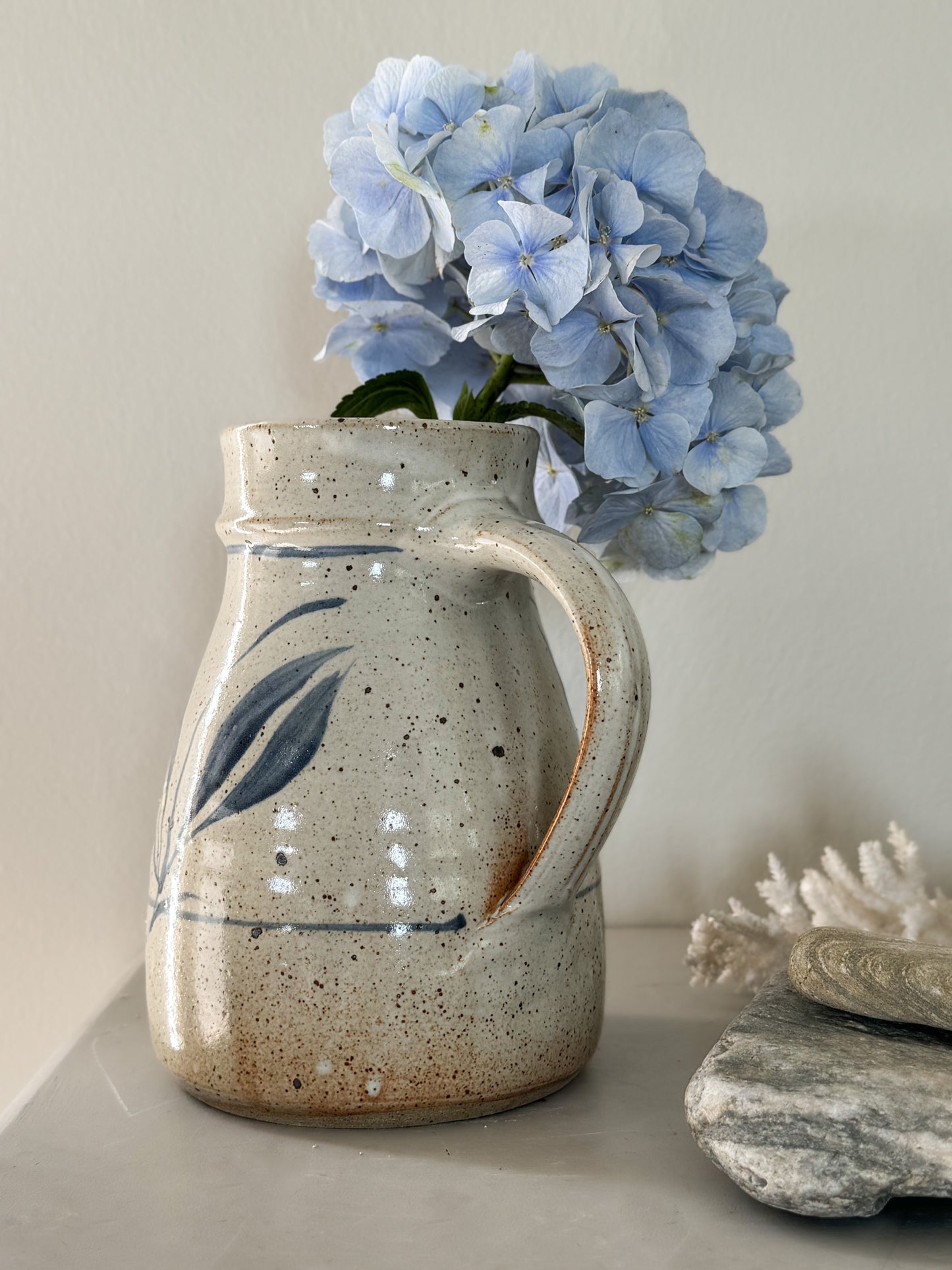 Vintage Large Studio Pottery Jug with Abstract Blue Leaf Design