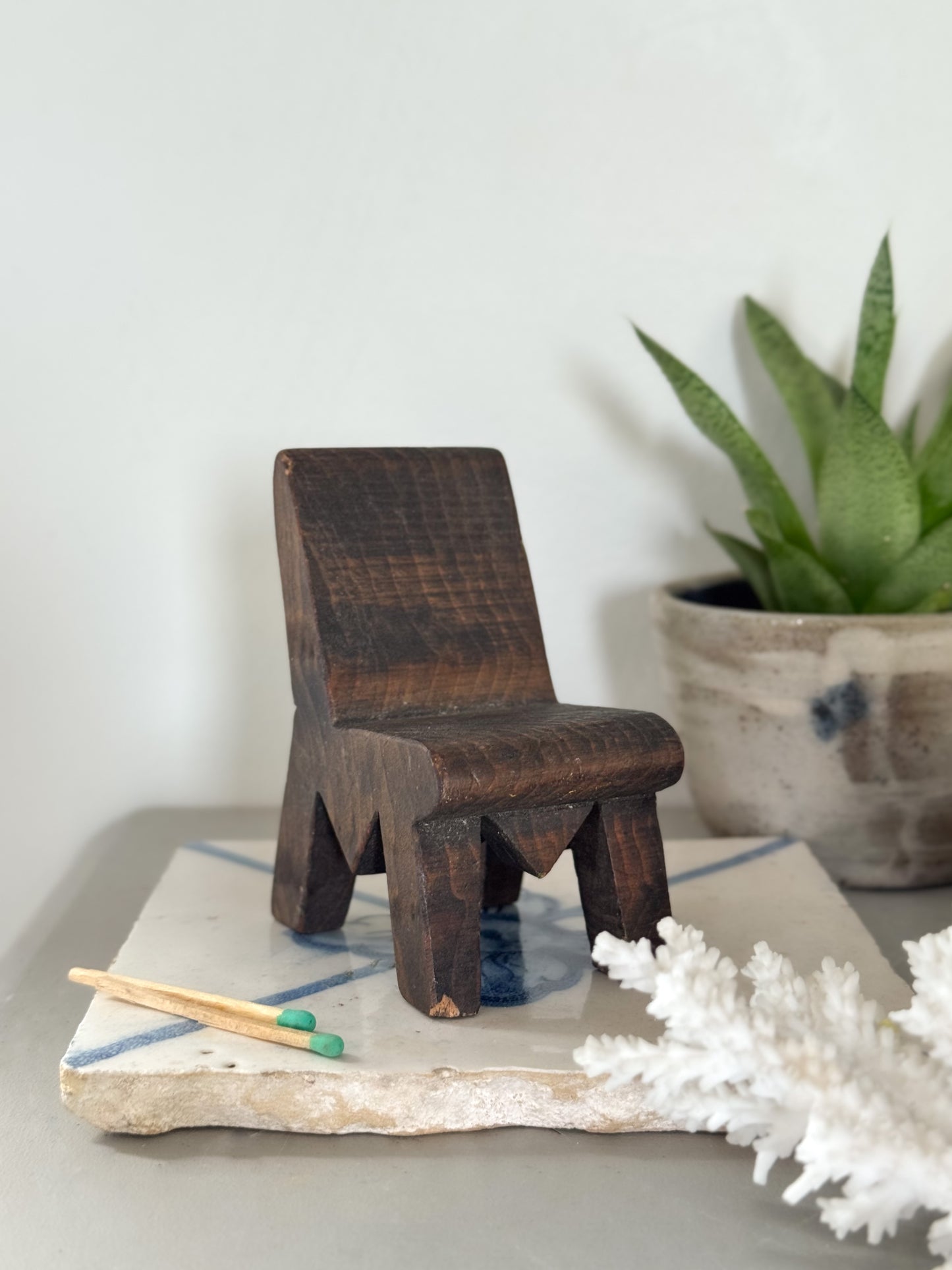 Vintage Miniature Hand-Carved Folk Art Wooden Chair