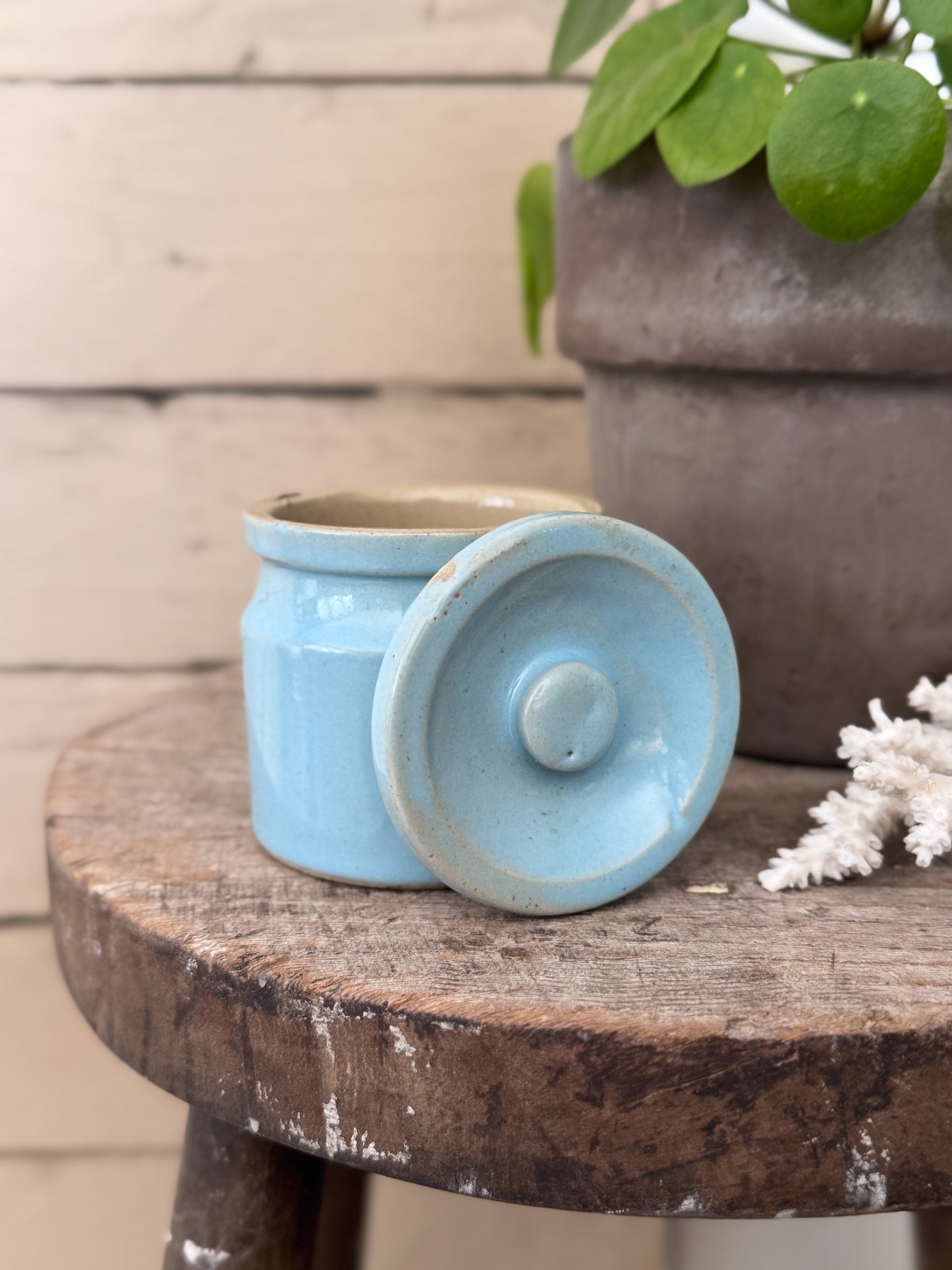 Antique Pastel Blue Small Glazed Confit Pot / Crock Pot