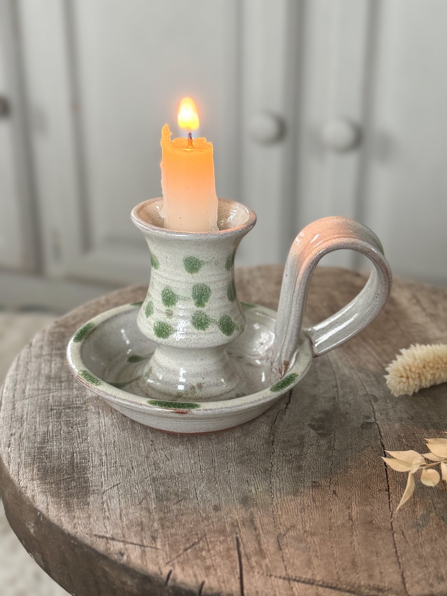 Vintage Irish Studio Pottery Green Polka Dot Chamberstick