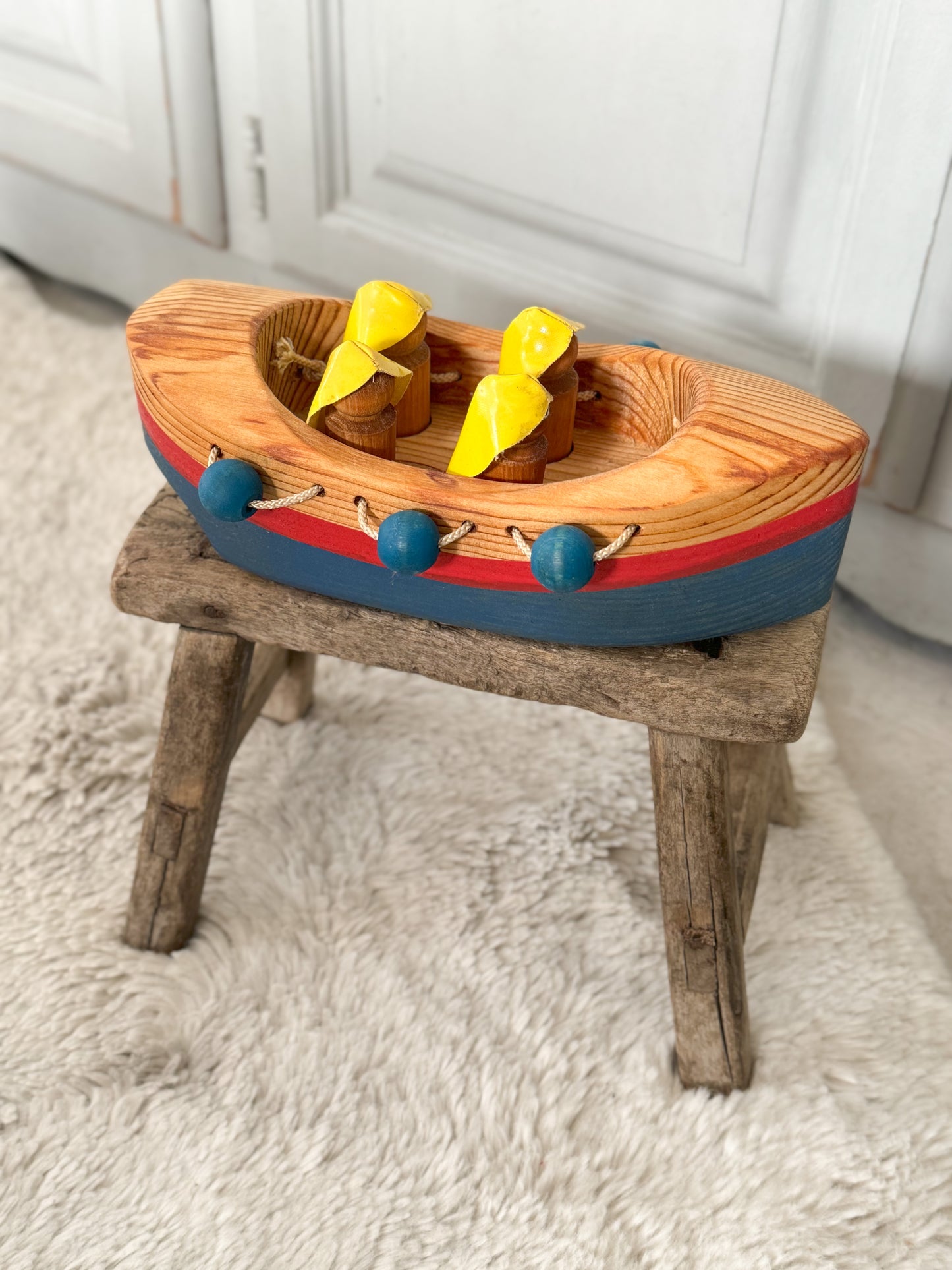 Vintage Wooden Toy Boat with Fishermen