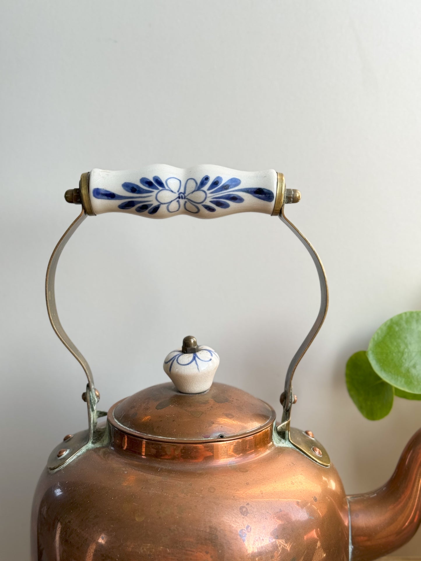 Vintage Copper Kettle with Blue & White Ceramic Handle