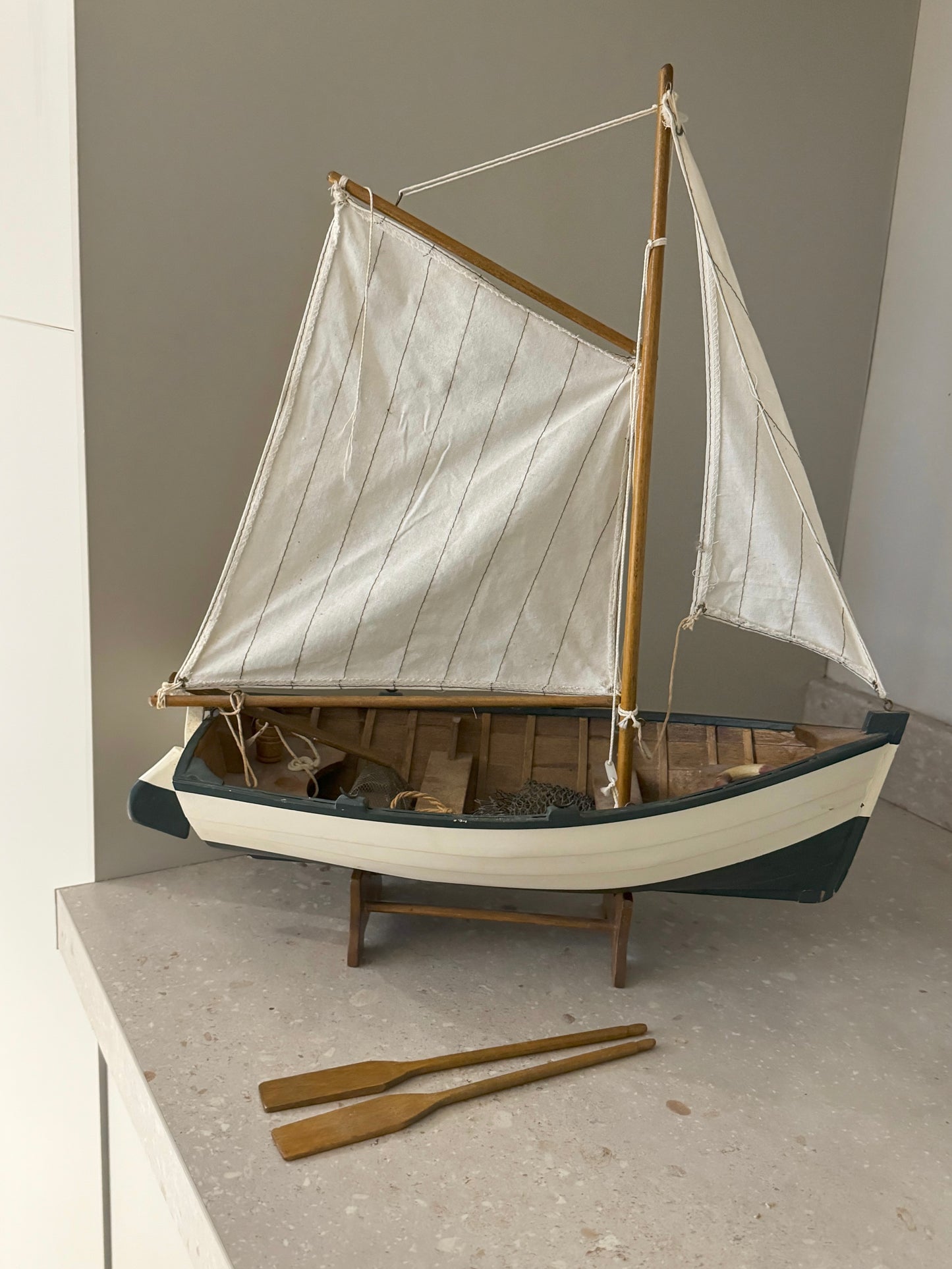 Large Handmade Wooden Sailing Boat with Oars