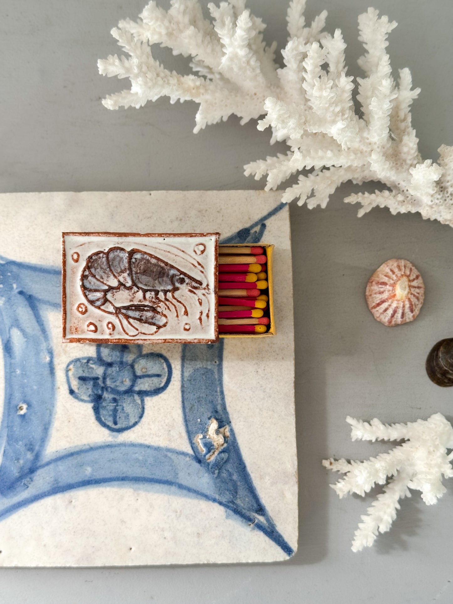 Vintage Handmade Folk Art Slipware Matchbox – Prawn Motif
