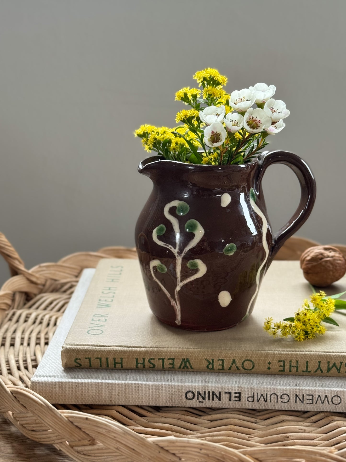 Rare Vintage 1937 Studio Pottery Slipware Oak Leaf Jug, One-Of-a-Kind