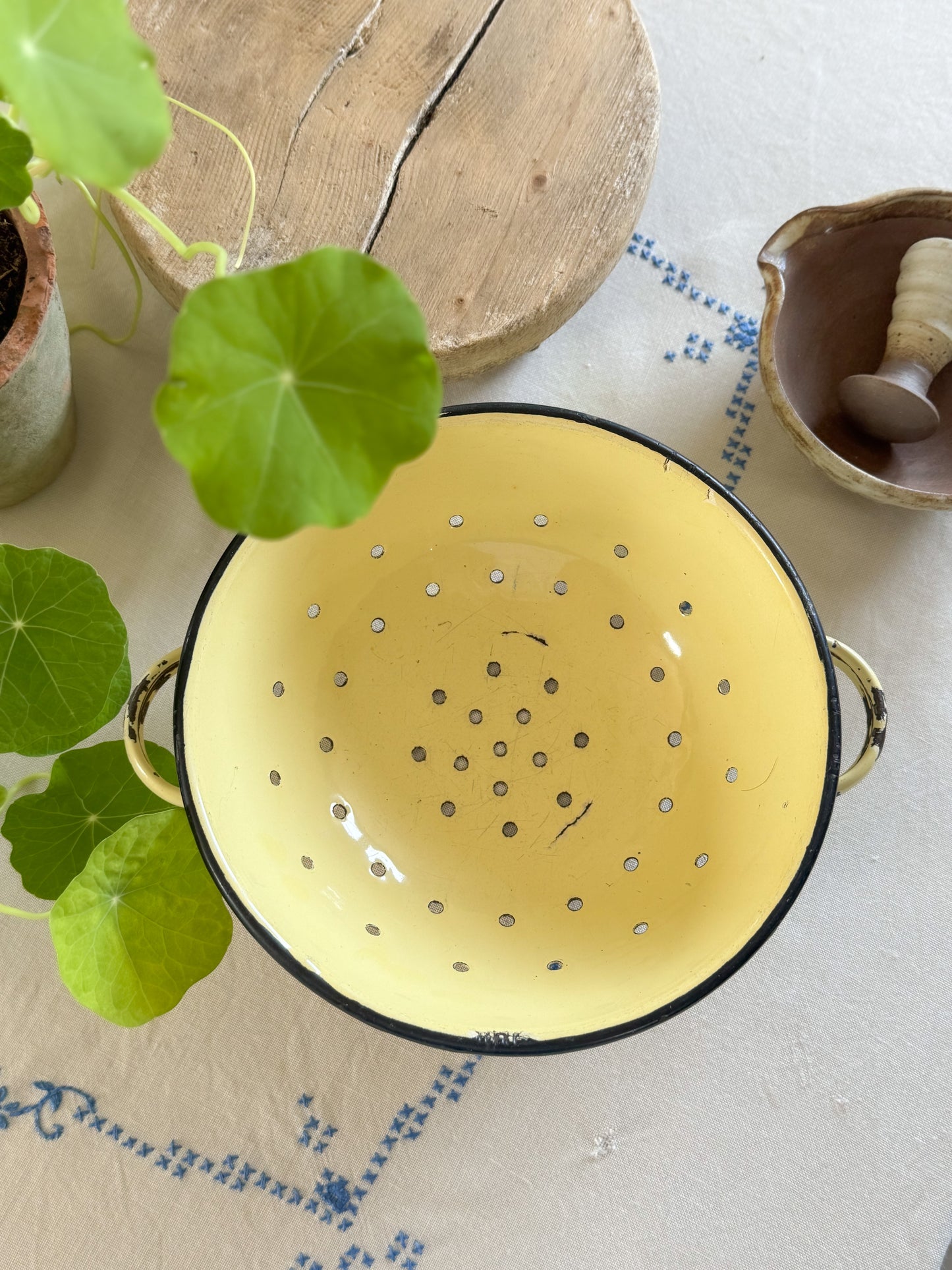 Vintage Soft Yellow Enamel Colander
