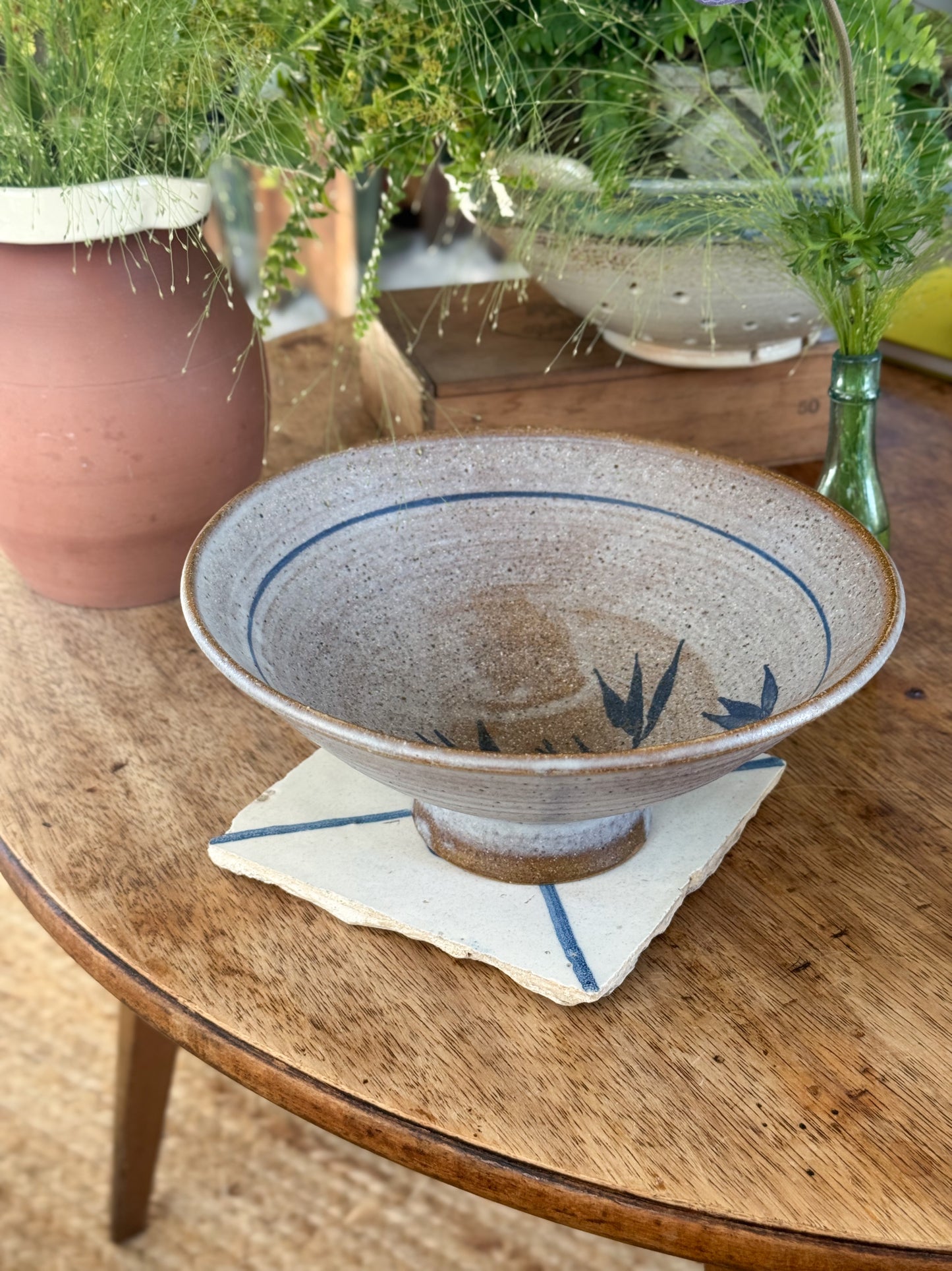 Vintage Studio Pottery Blue Floral Fluted Bowl
