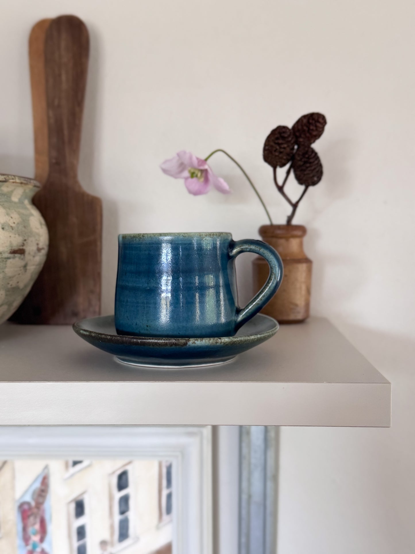 Vintage Blue Studio Pottery Espresso Cup & Saucer