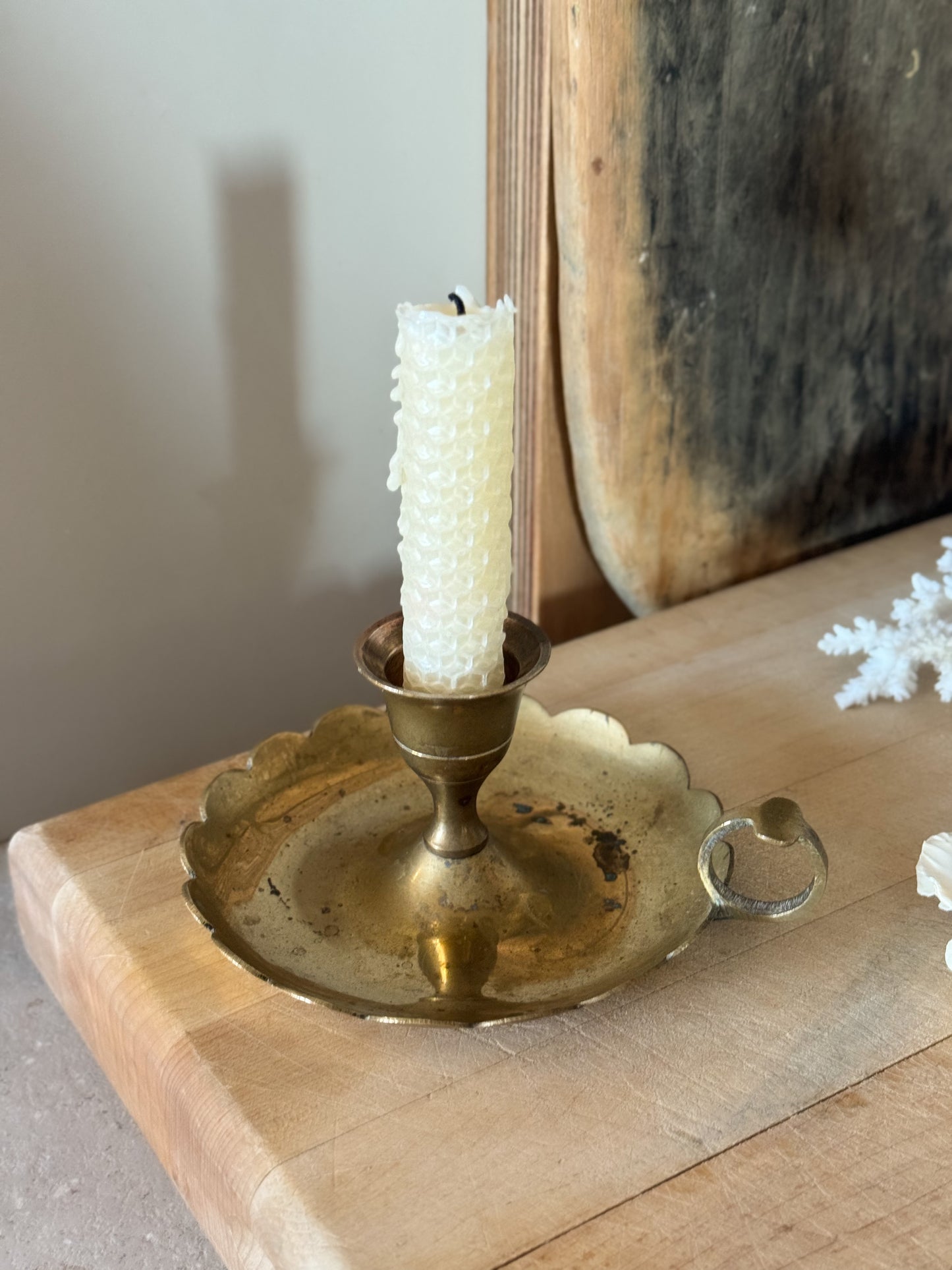 Vintage Solid Brass Scalloped Chamberstick with Patina