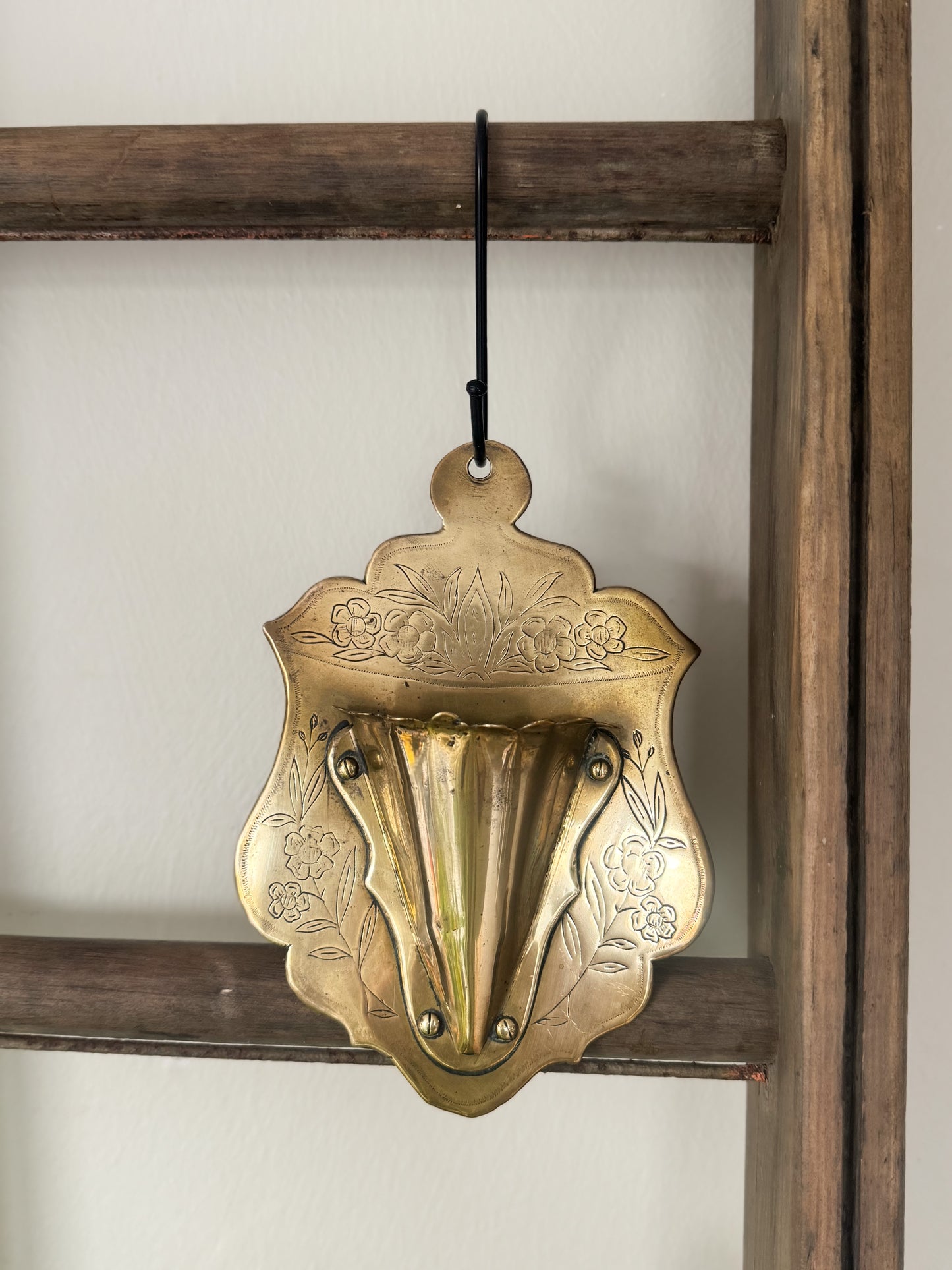 Antique Handmade Brass Wall Pocket with Etched Floral Design