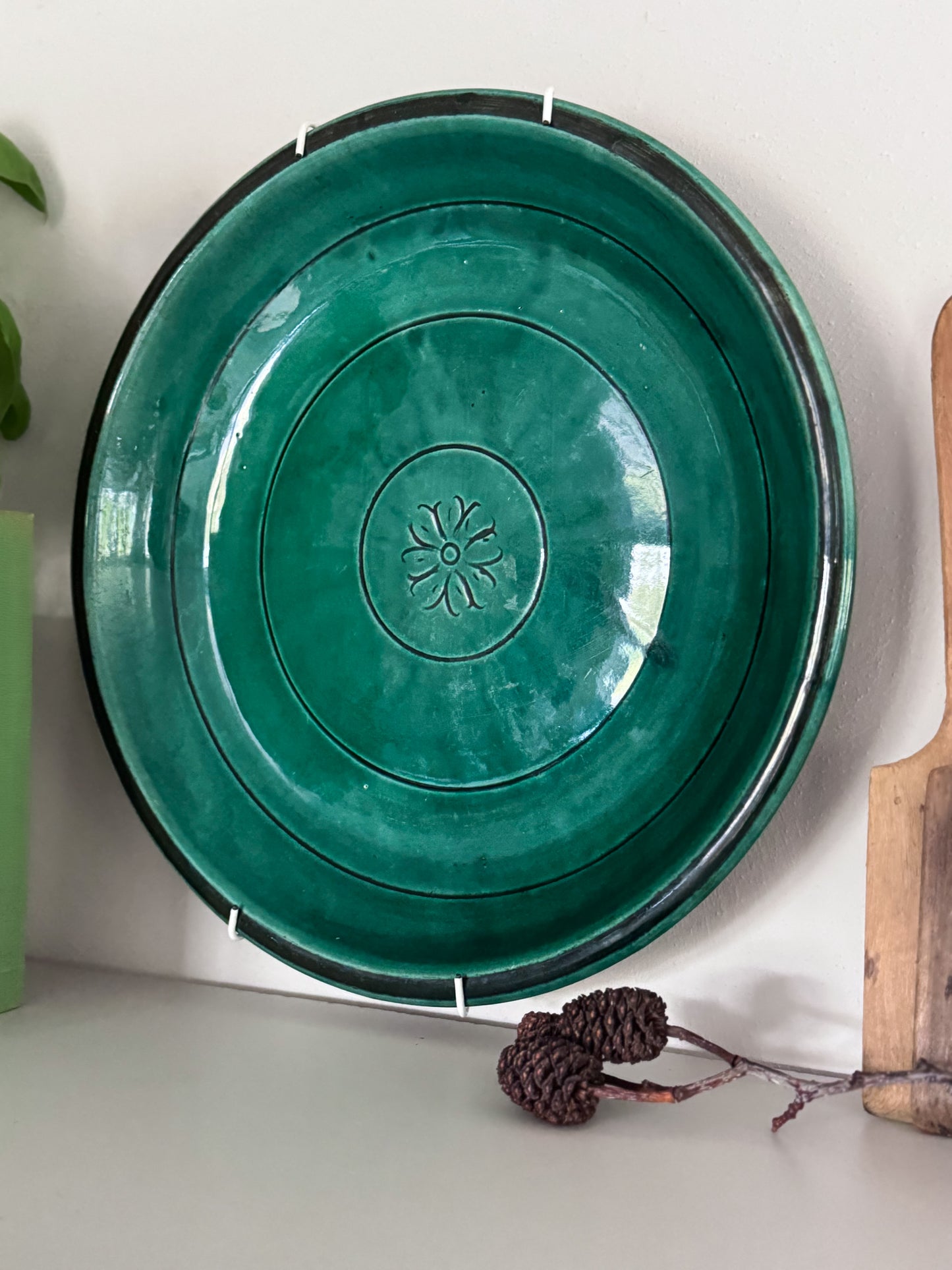 Vintage Studio Pottery Green Slipware Flower Wall Plate