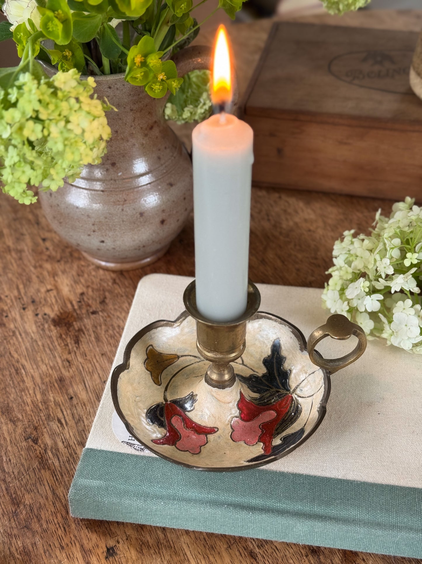 Vintage Brass & Enamel Scalloped Chamberstick Candle Holder – Floral Motif