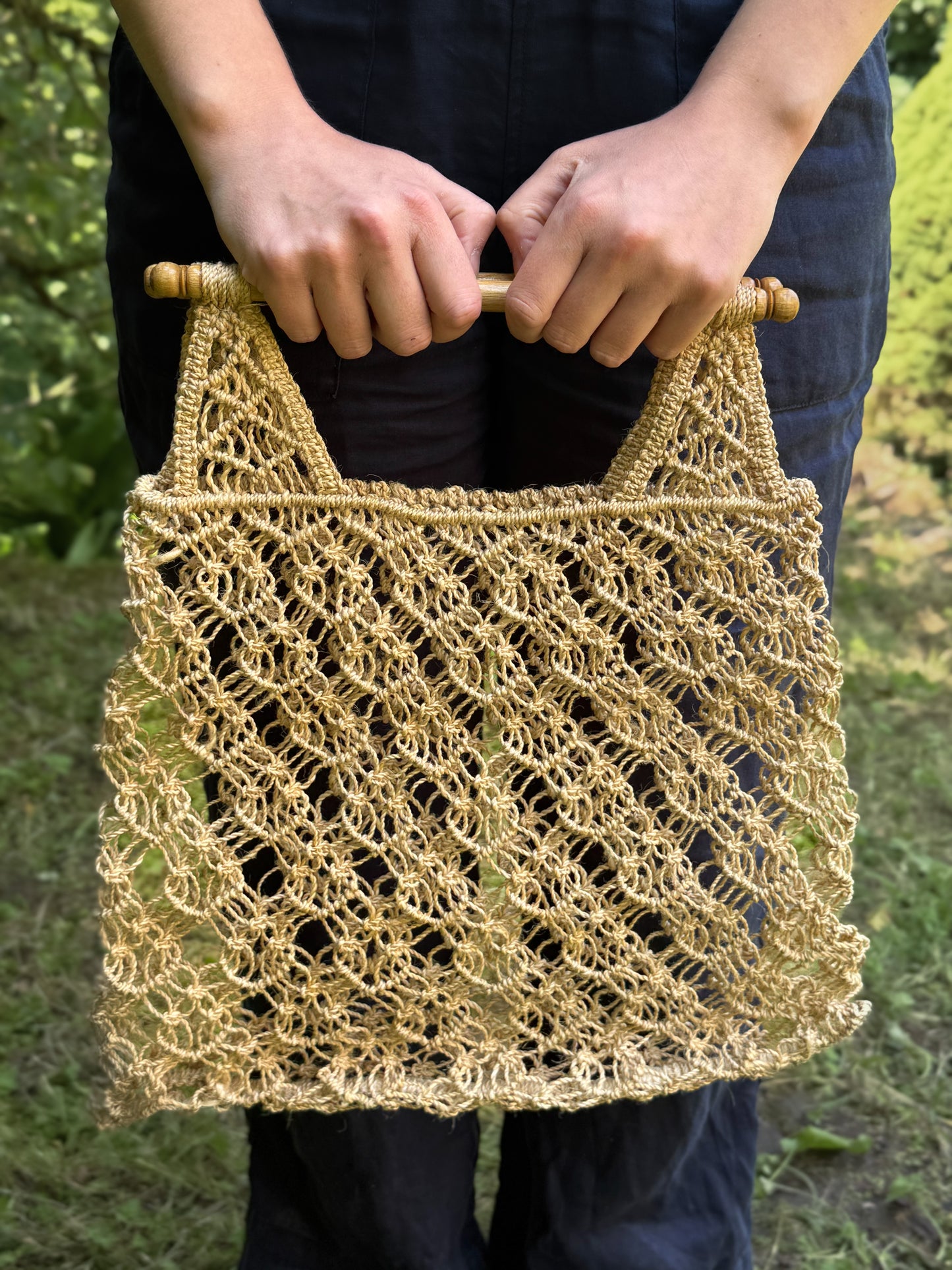 Vintage 1970s Macramé Shopper with Light Wooden Handles