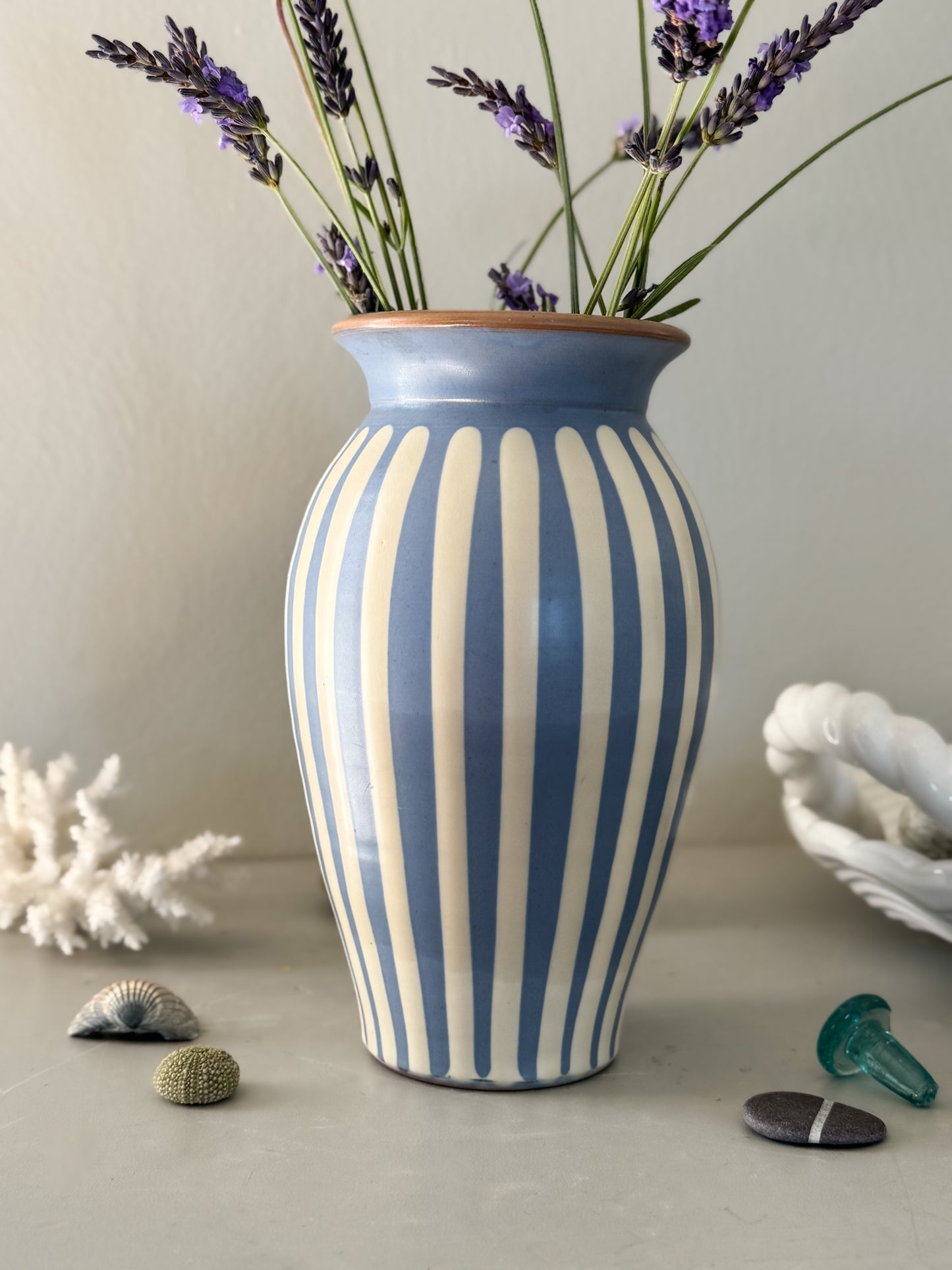 Vintage Striped Studio Pottery Vase, Blue & Cream