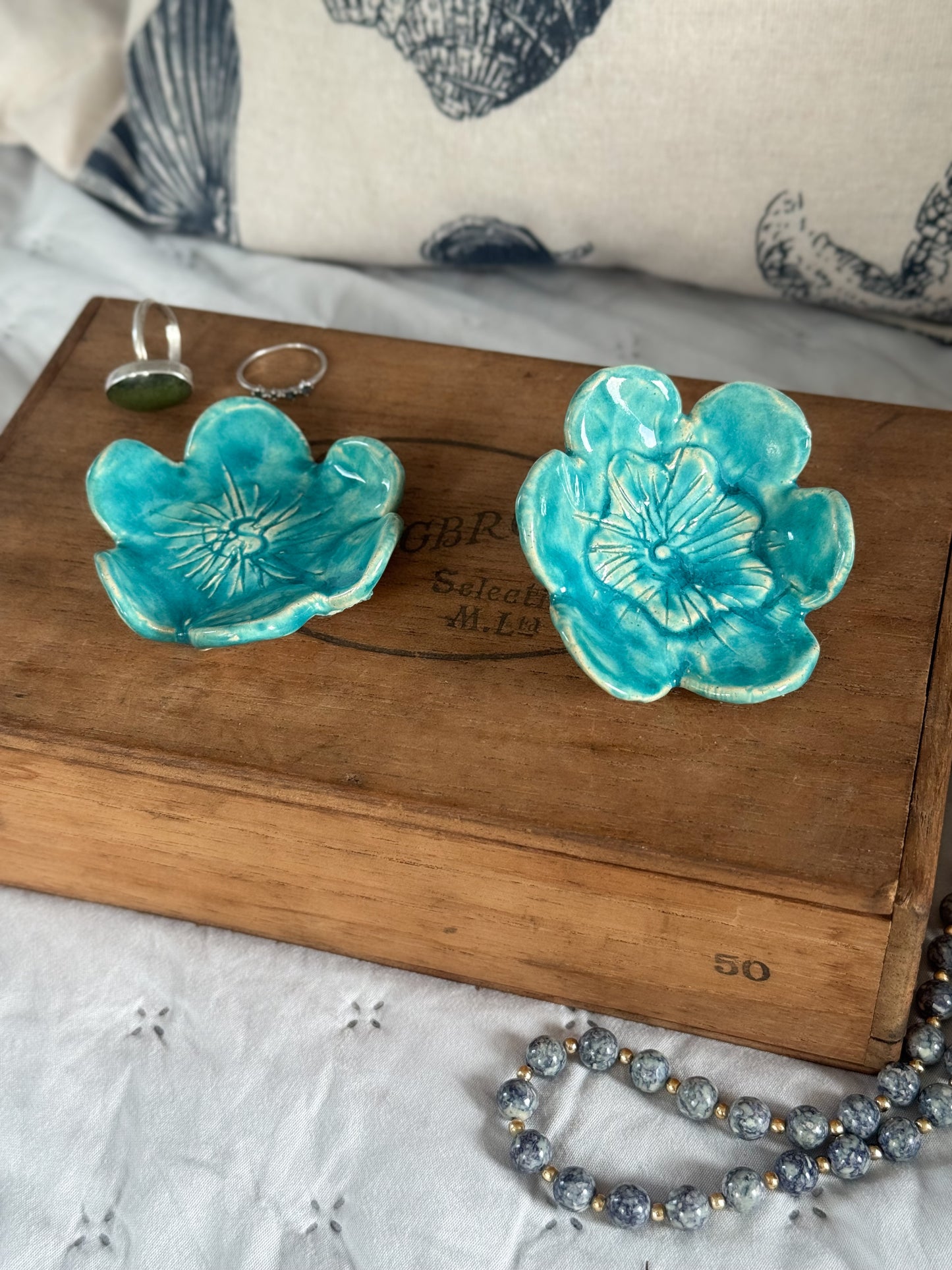 Pair of Turquoise Folk Art Studio Pottery Flower Trinket Dishes