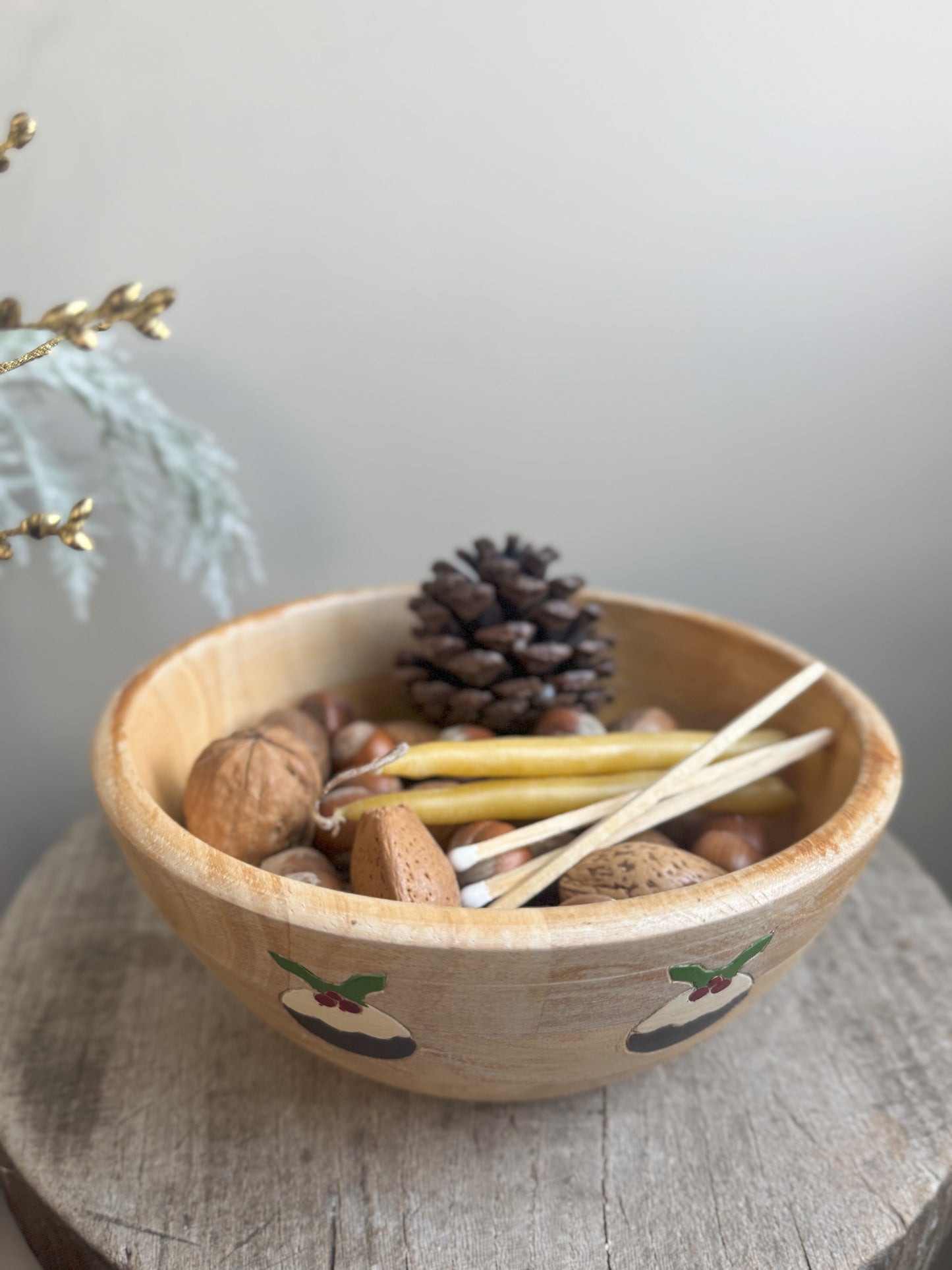 Vintage Handmade Wooden Christmas Pudding Bowl