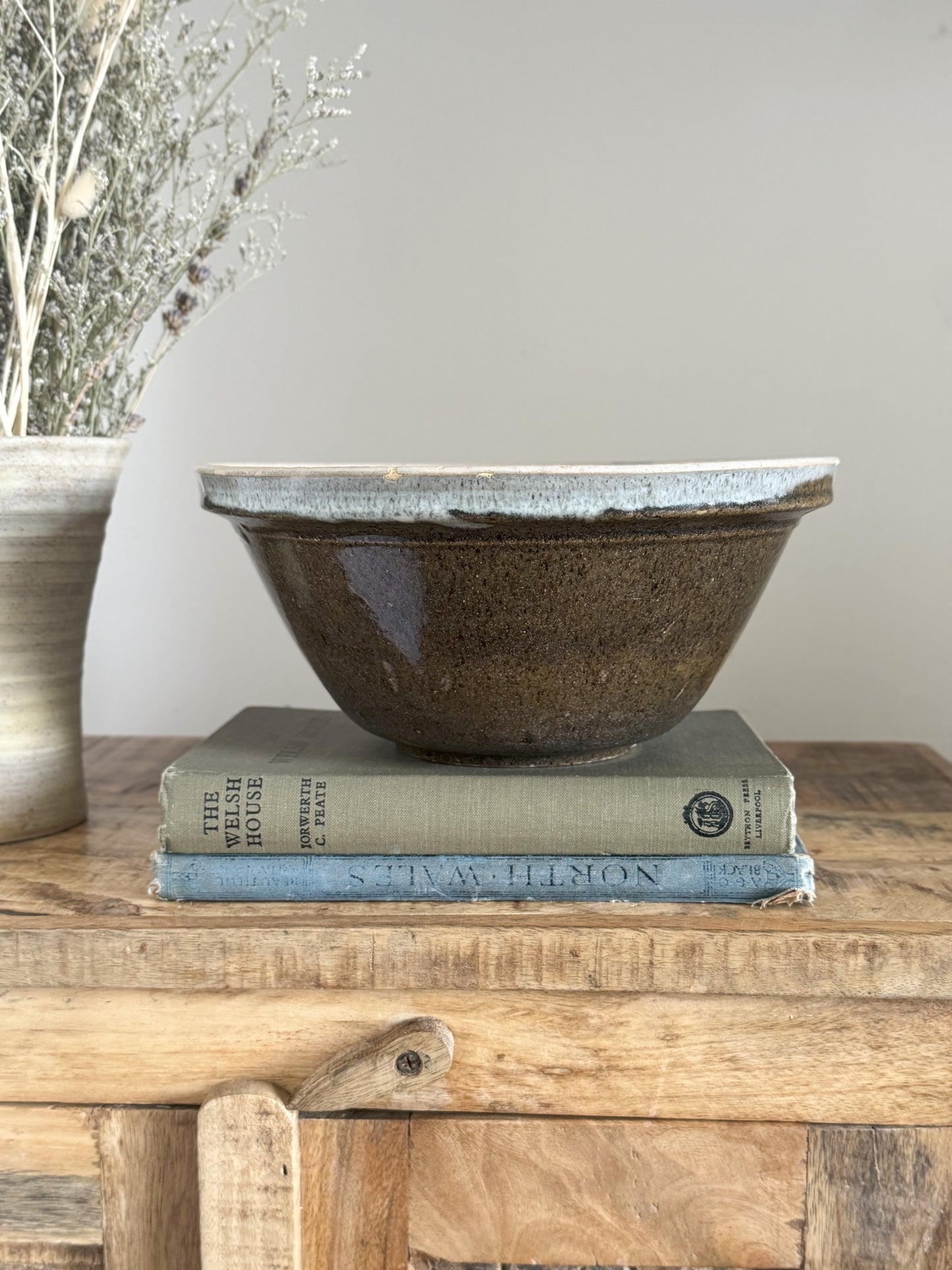 French Glazed Stoneware Olive Green & Blue Drip Glaze Bowl