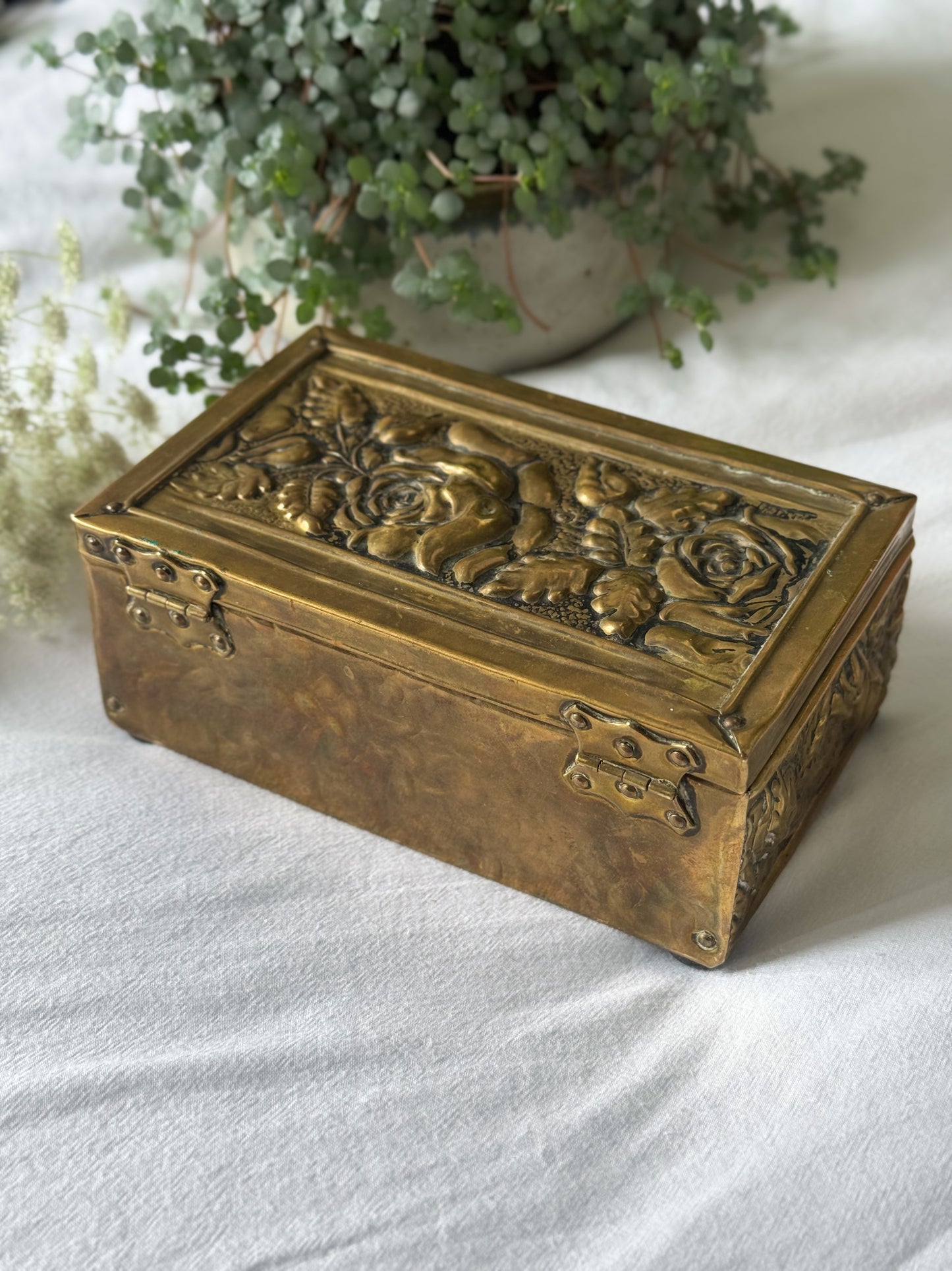 Handmade Antique Arts & Crafts Brass and Wood Box – Embossed Roses Design