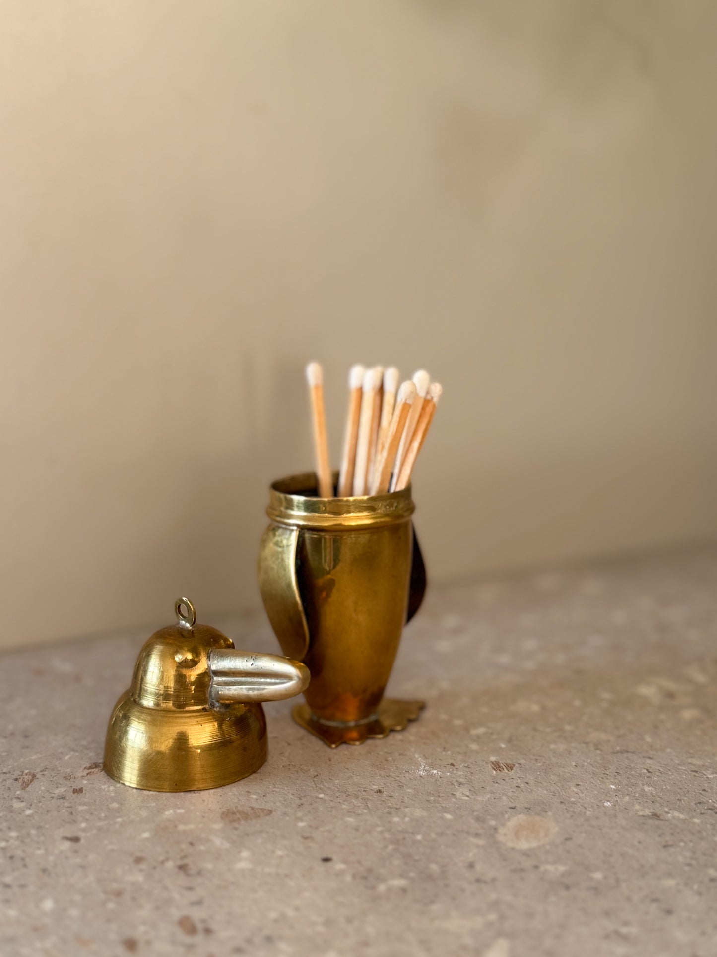 Vintage Brass Penguin Match Holder with Hanging Loop