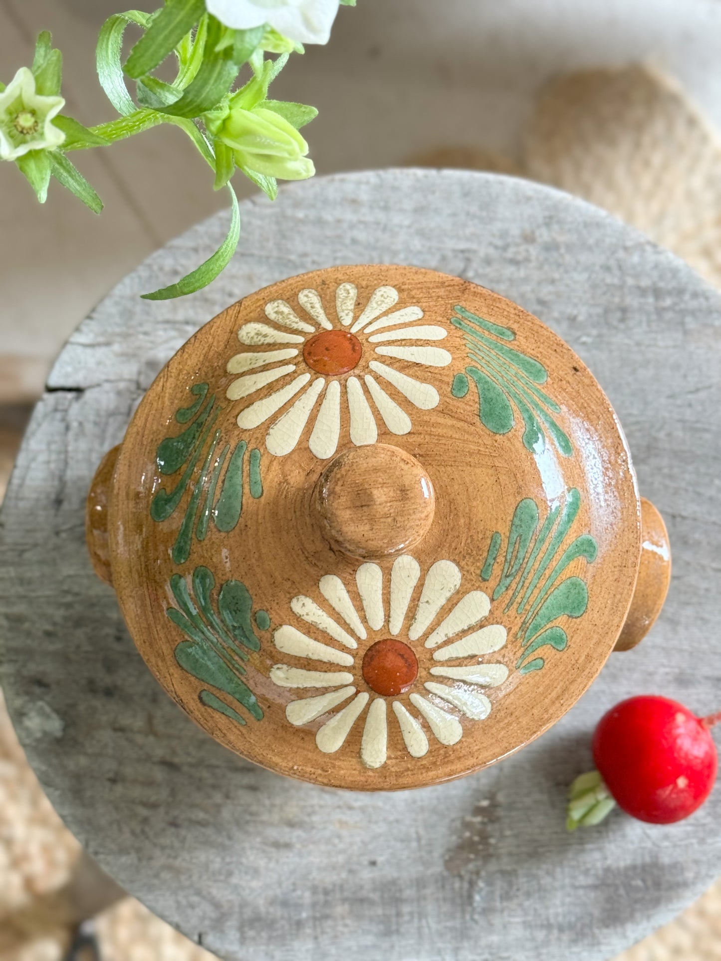 French Alsace Slipware Floral Lidded Pot