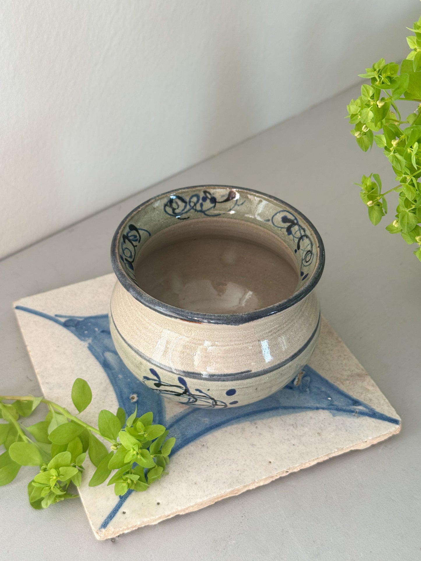 Vintage Abstract Studio Pottery Pot - Blue, Green & Speckled Grey Glaze