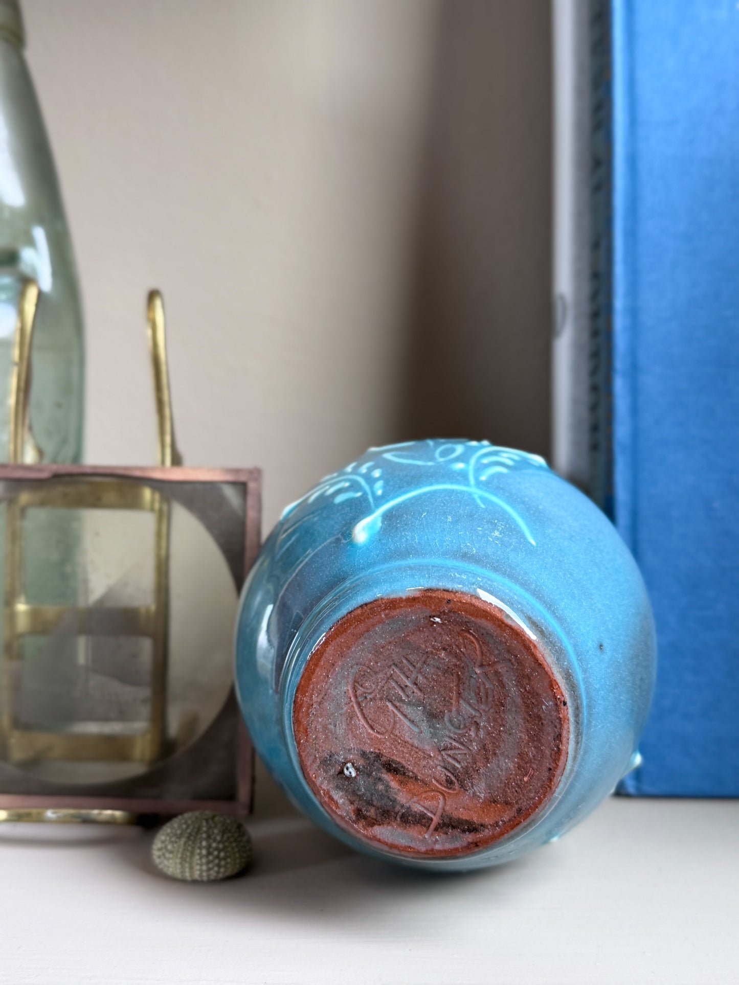 Vintage Studio Pottery Blue Slipware Vase by Dunster Pottery