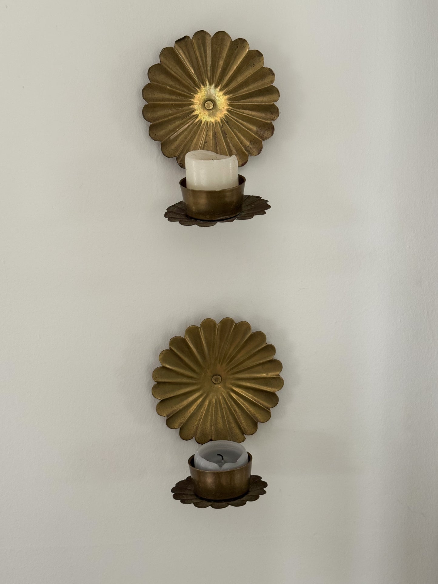 Pair of Vintage Brass Scalloped Flower Candle Sconces