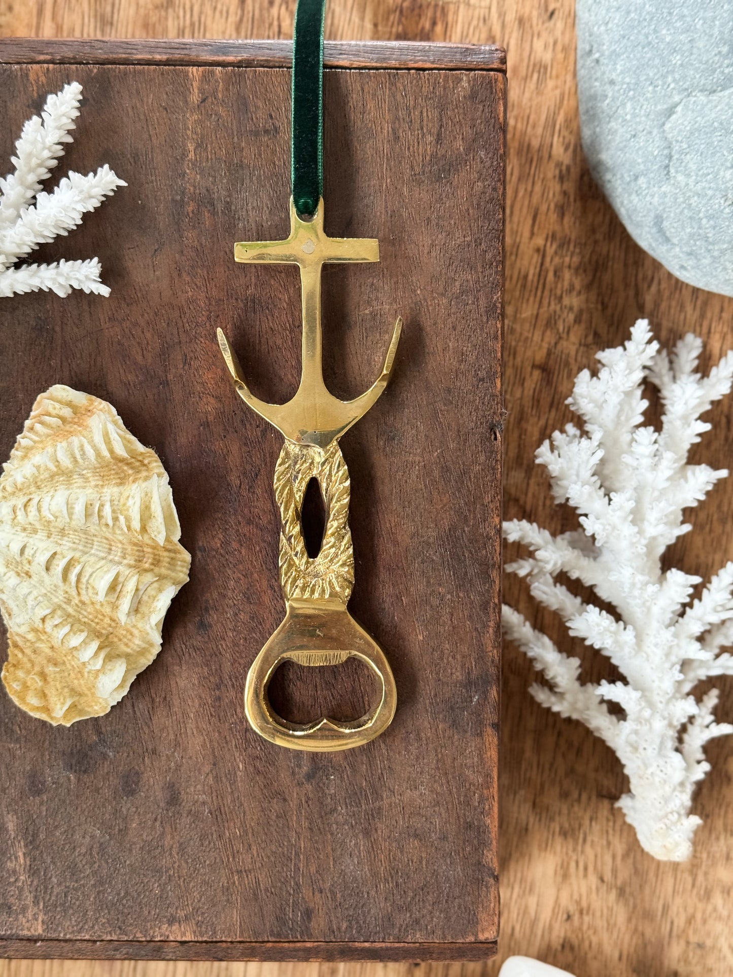 Vintage Brass Anchor Bottle Opener on Green Velvet Ribbon