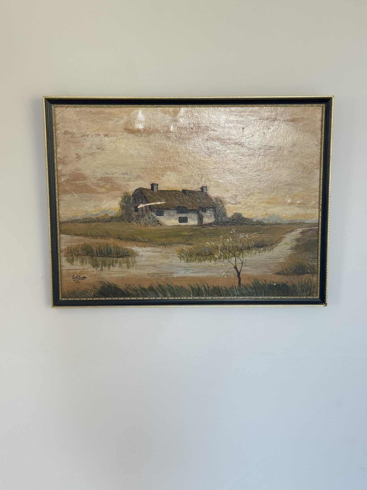 Vintage Original Framed Oil on Board, ‘Solitude’, W.Gower, 1977 | Thatched Cottage