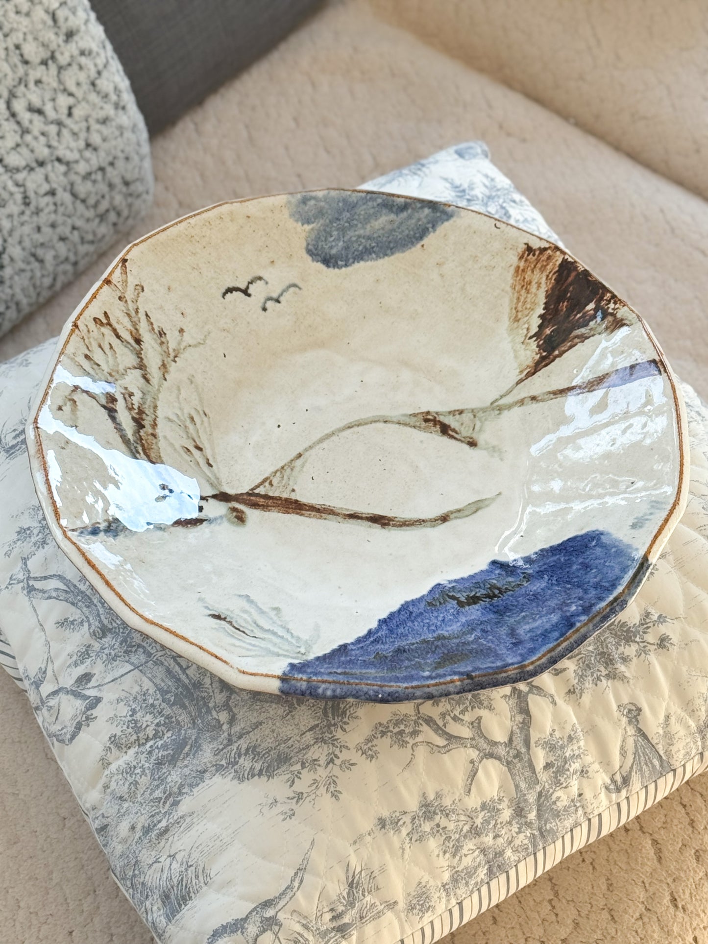 Large Unique Vintage Studio Pottery Bowl • Abstract Landscape Design