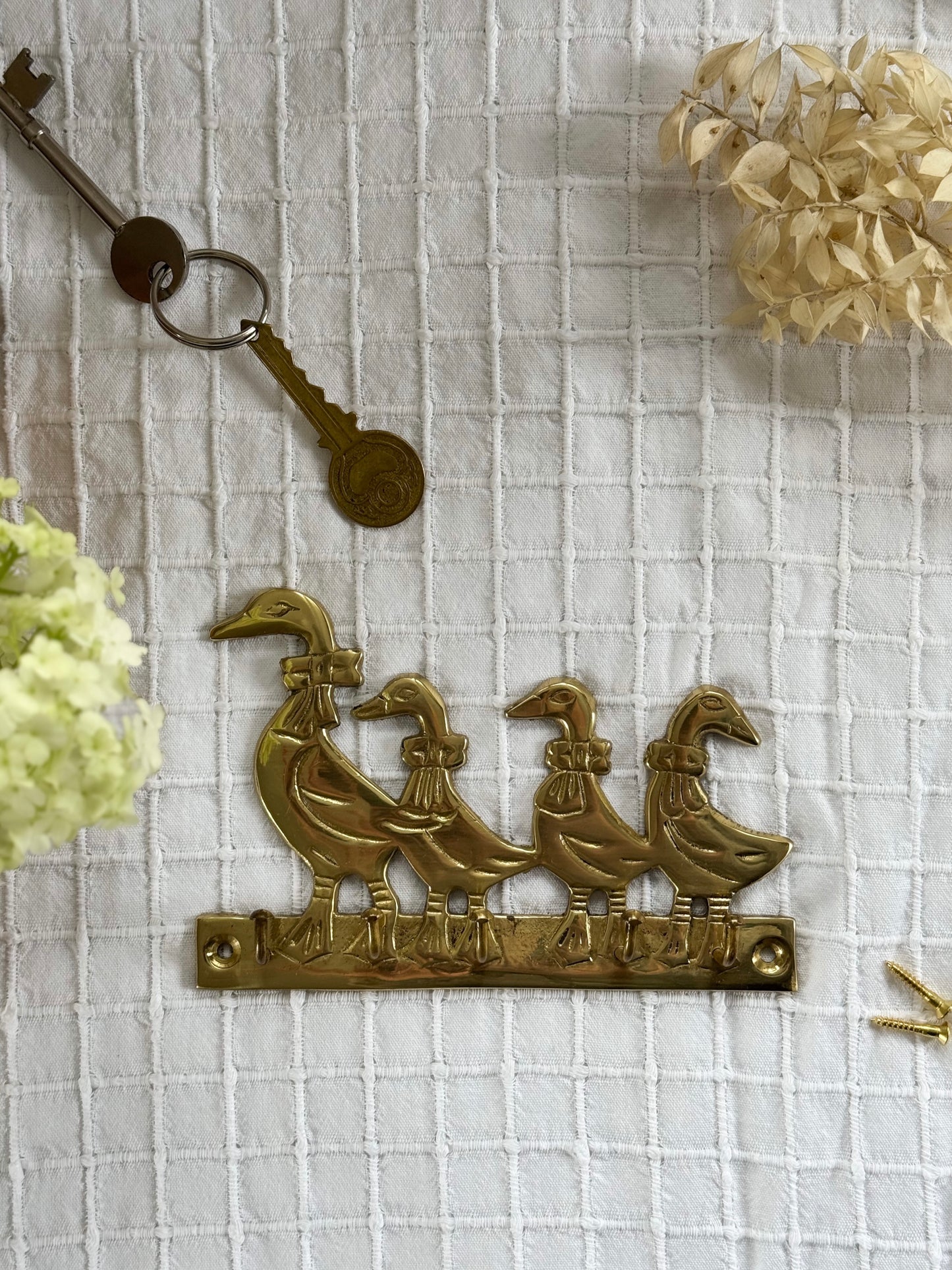 Vintage Solid Brass Duck Family Key Hook – New Old Stock with Original Screws