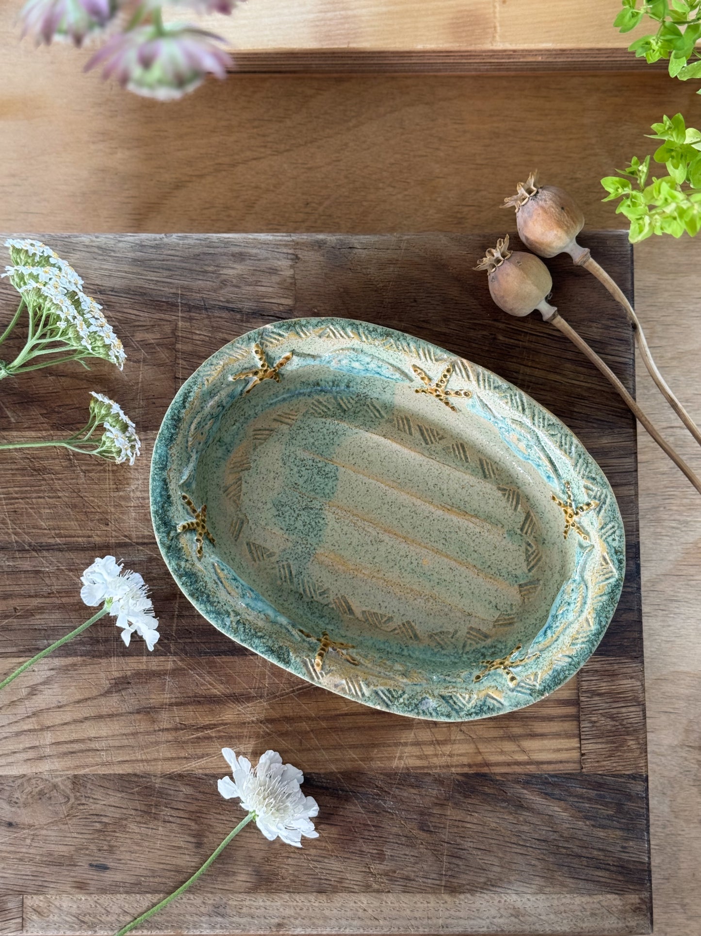 Vintage Studio Pottery Soap Dish – Sea-Inspired with Starfish & Fish Motif