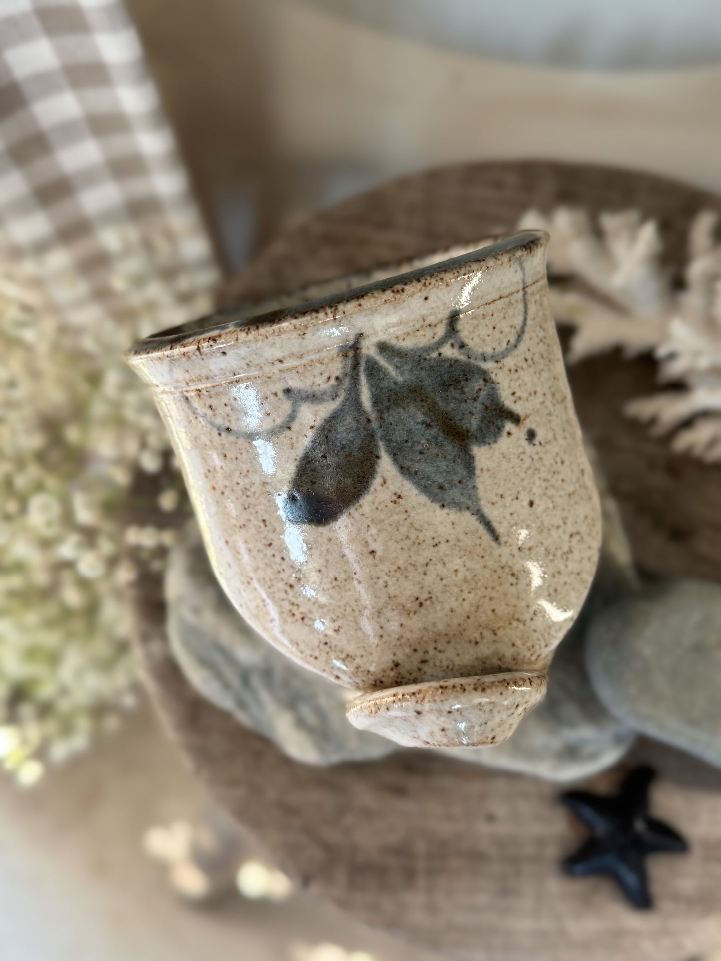 Vintage Speckled Studio Pottery Salt Pig with Hanging Loop