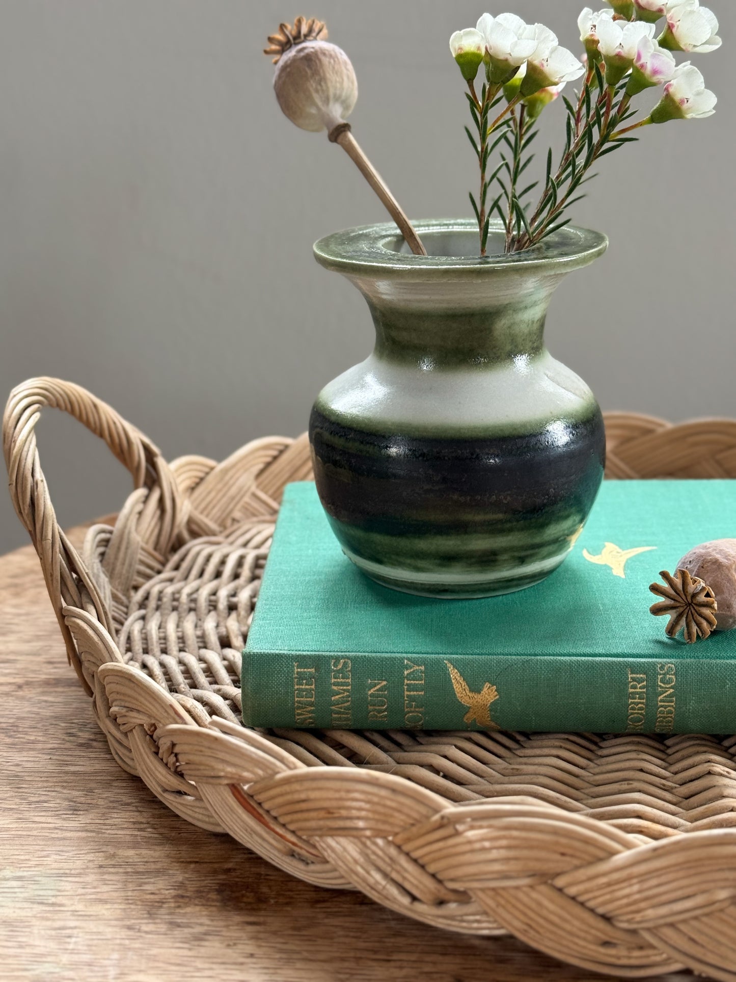 Vintage Studio Pottery Bud Vase, Olive Green Painterly Stripes