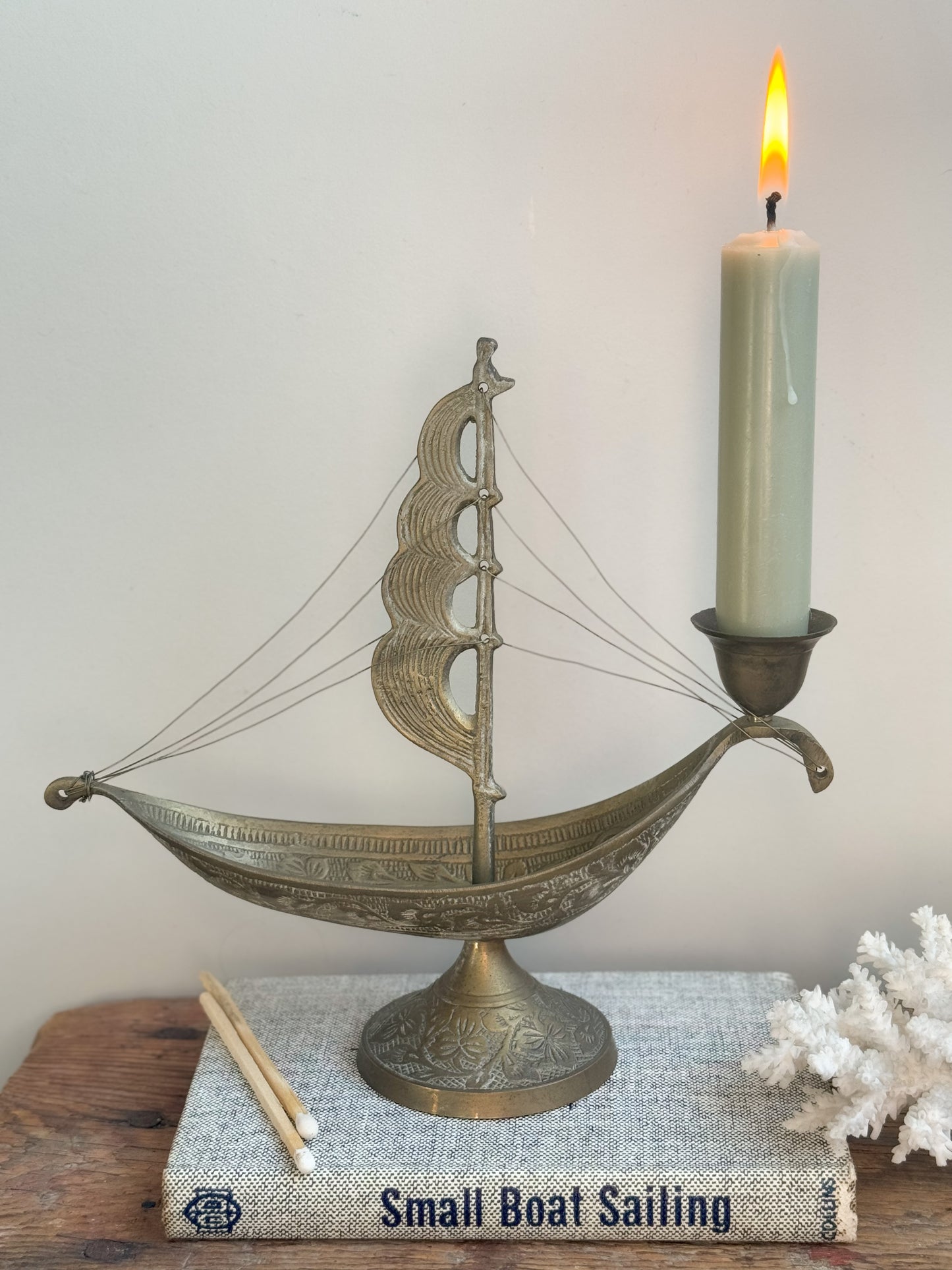 Vintage Indian Brass Sailing Boat Candlestick Holder