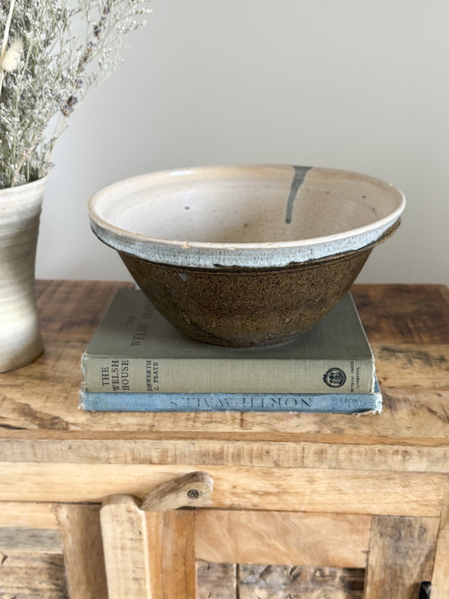 French Glazed Stoneware Olive Green & Blue Drip Glaze Bowl