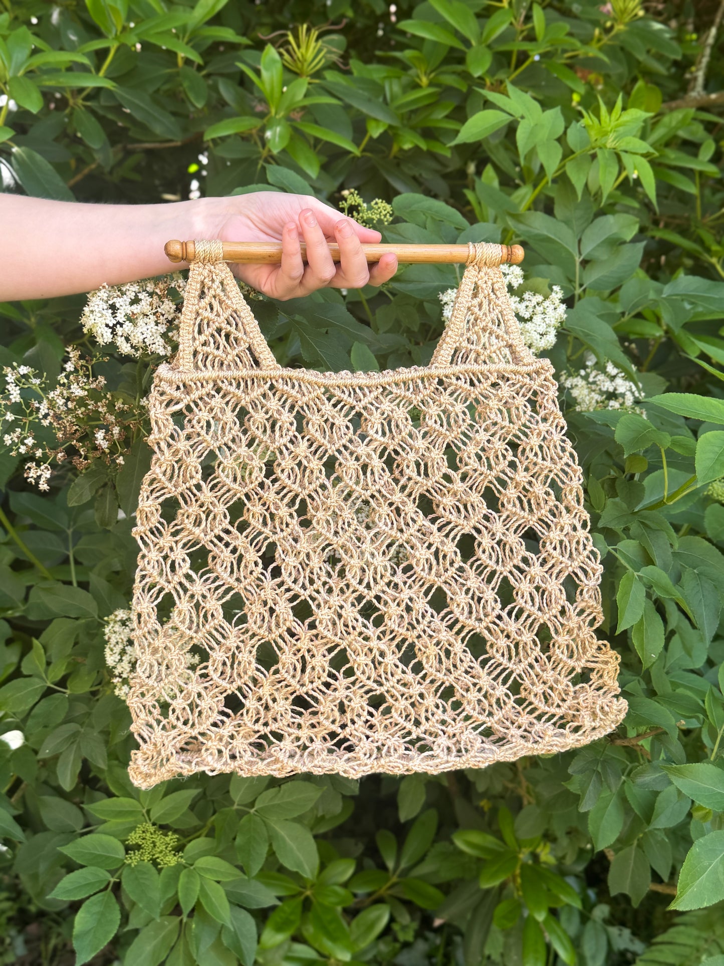 Vintage 1970s Macramé Shopper with Light Wooden Handles