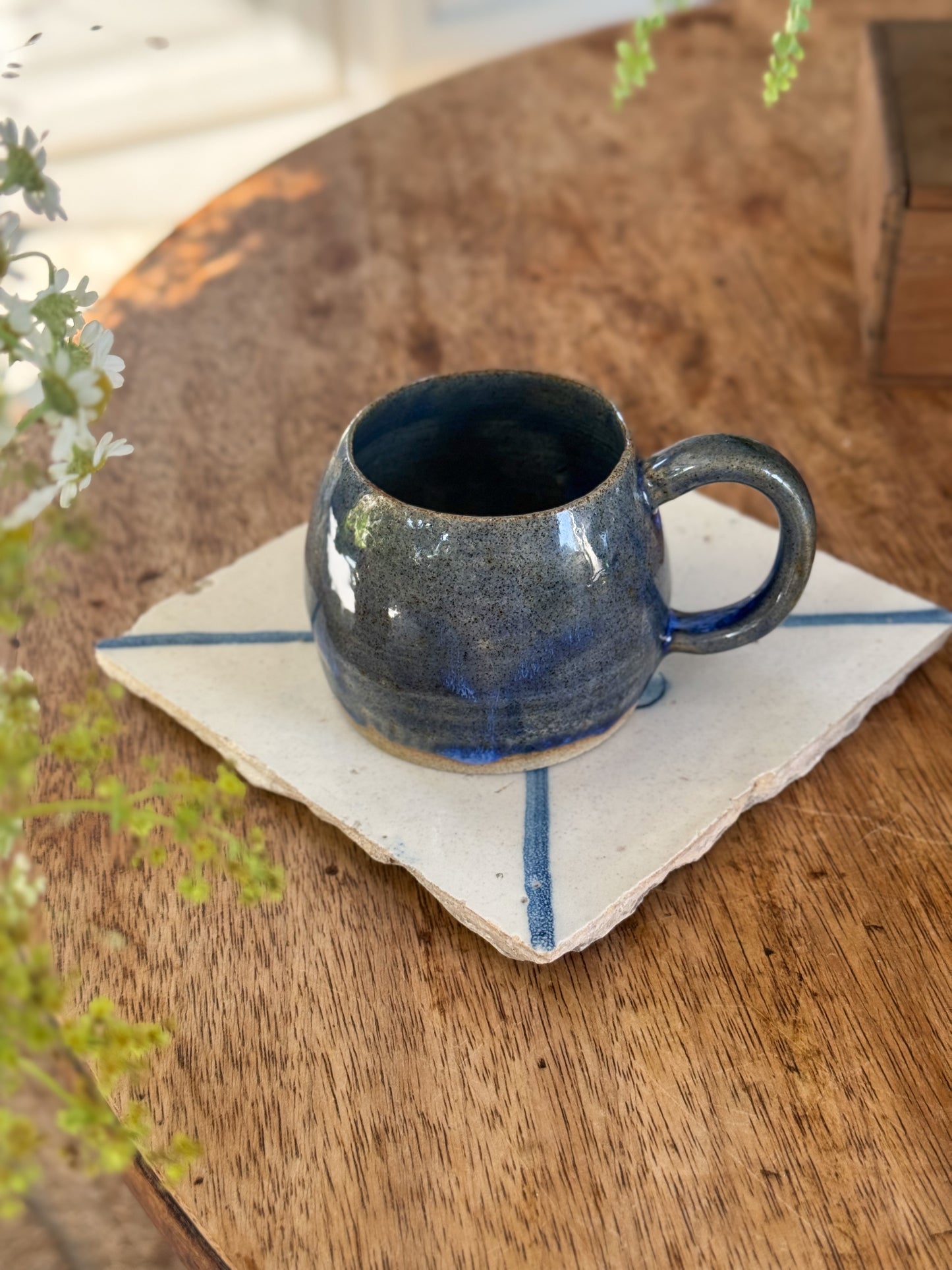 Vintage Studio Pottery Blue Drip Glaze Flat White Cup
